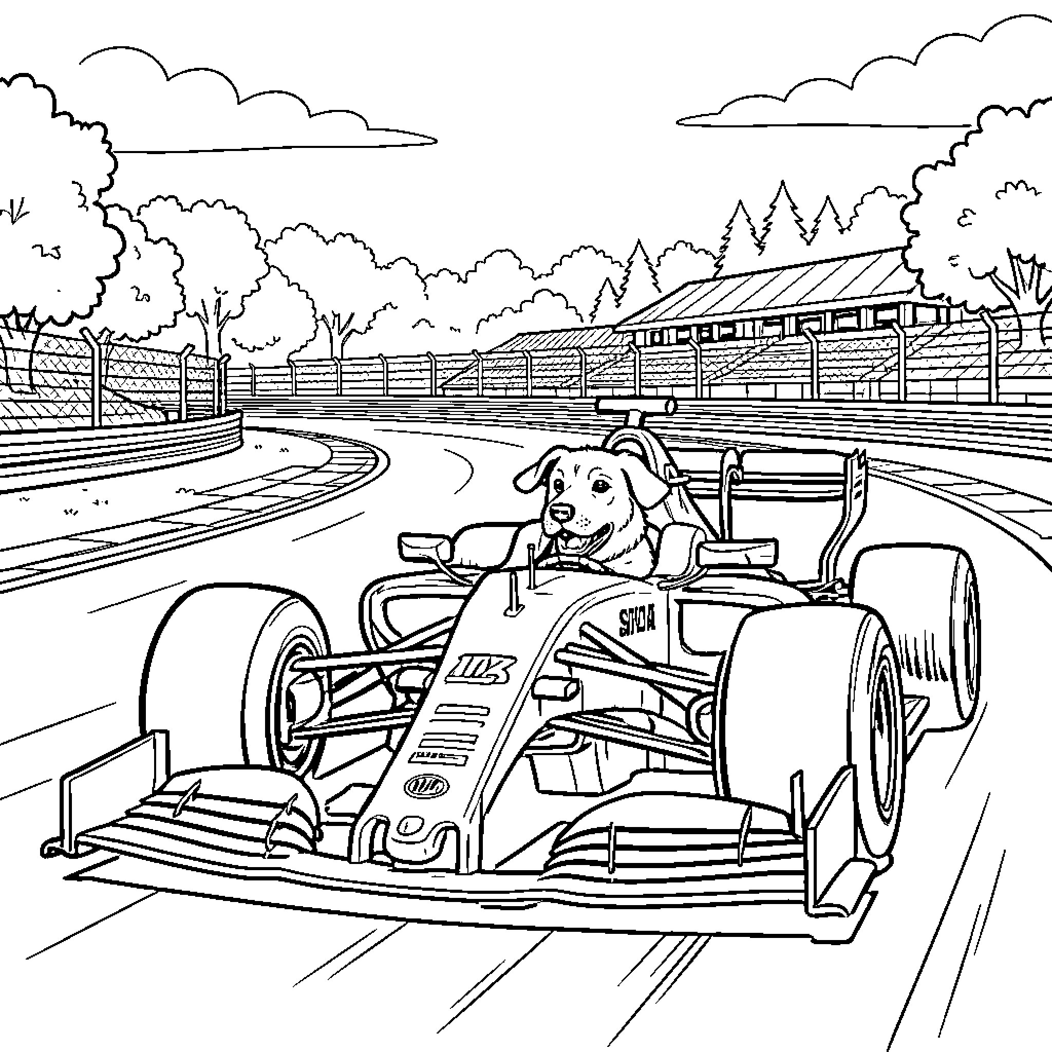 Dog driving a racing car on a track Coloring Page (free black-and-white line drawing printable PDF for all, from beginners to advanced learners, including children, teens, adults, and seniors)