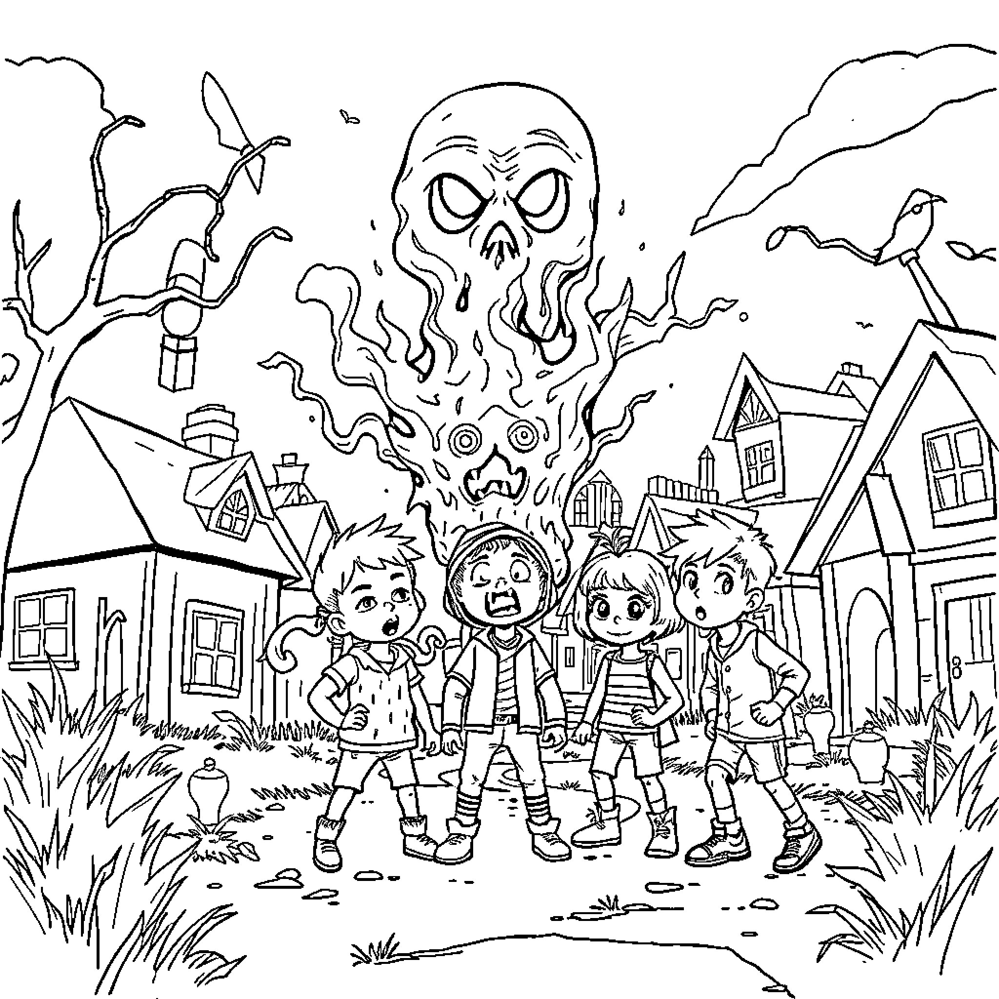 Stranger Things Terrifying Scene with Group of Kids Coloring Page (free black-and-white line drawing printable PDF for all, from beginners to advanced learners, including children, teens, adults, and seniors)