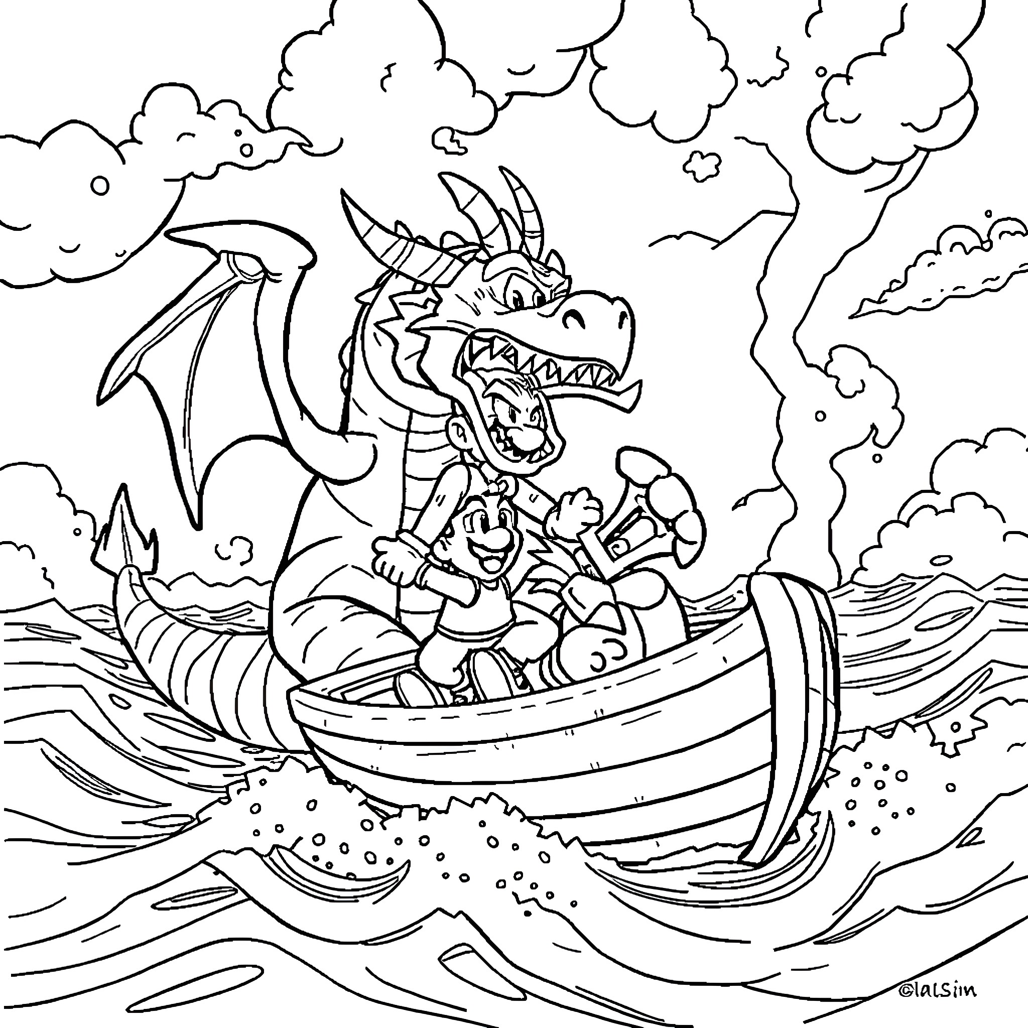 Mario Navigating Stormy Seas with Fearsome Dragon Coloring Page (free black-and-white line drawing printable PDF for all, from beginners to advanced learners, including children, teens, adults, and seniors)