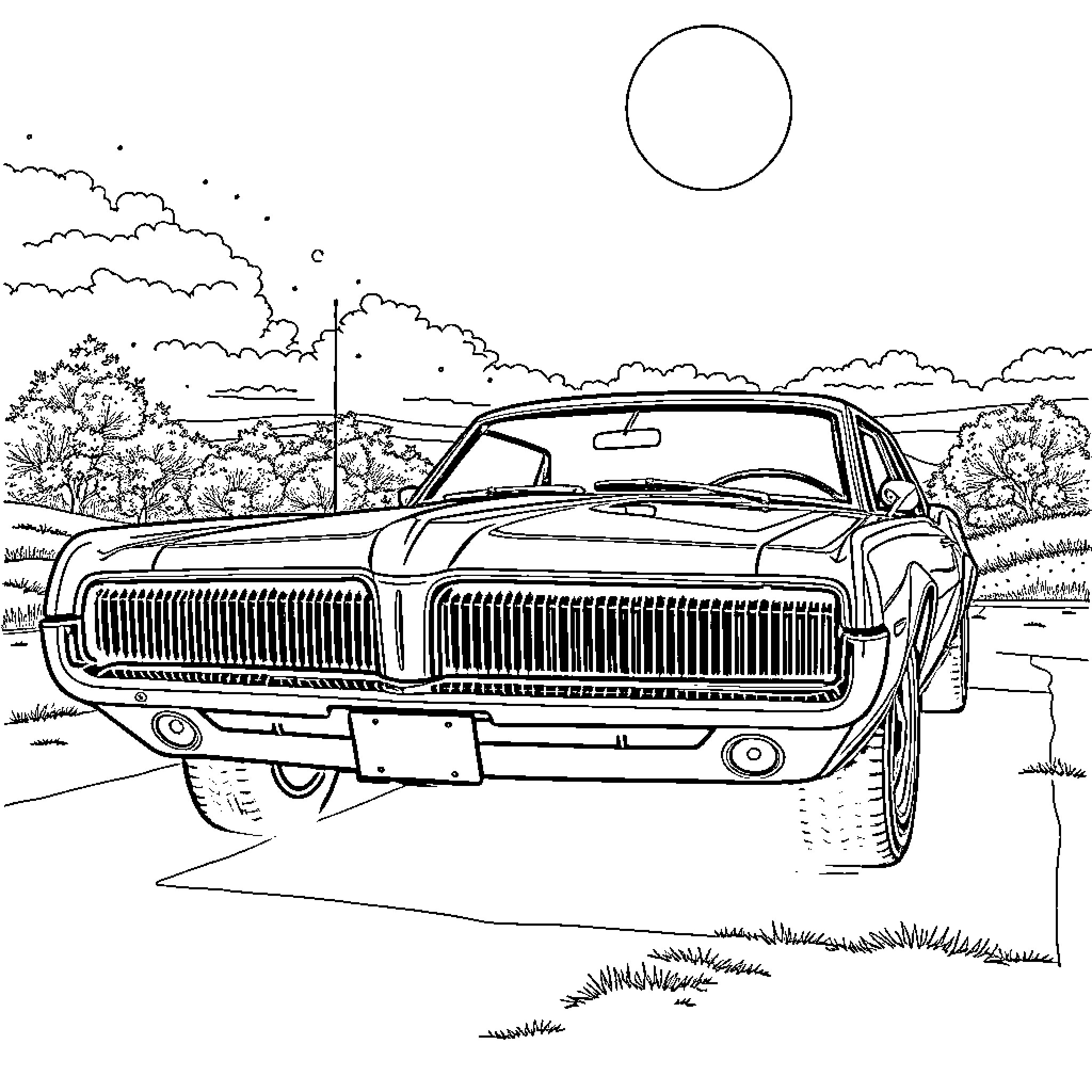 Mercury Cougar classic car driving through scenic landscape Coloring Page (free black-and-white line drawing printable PDF for all, from beginners to advanced learners, including children, teens, adults, and seniors)