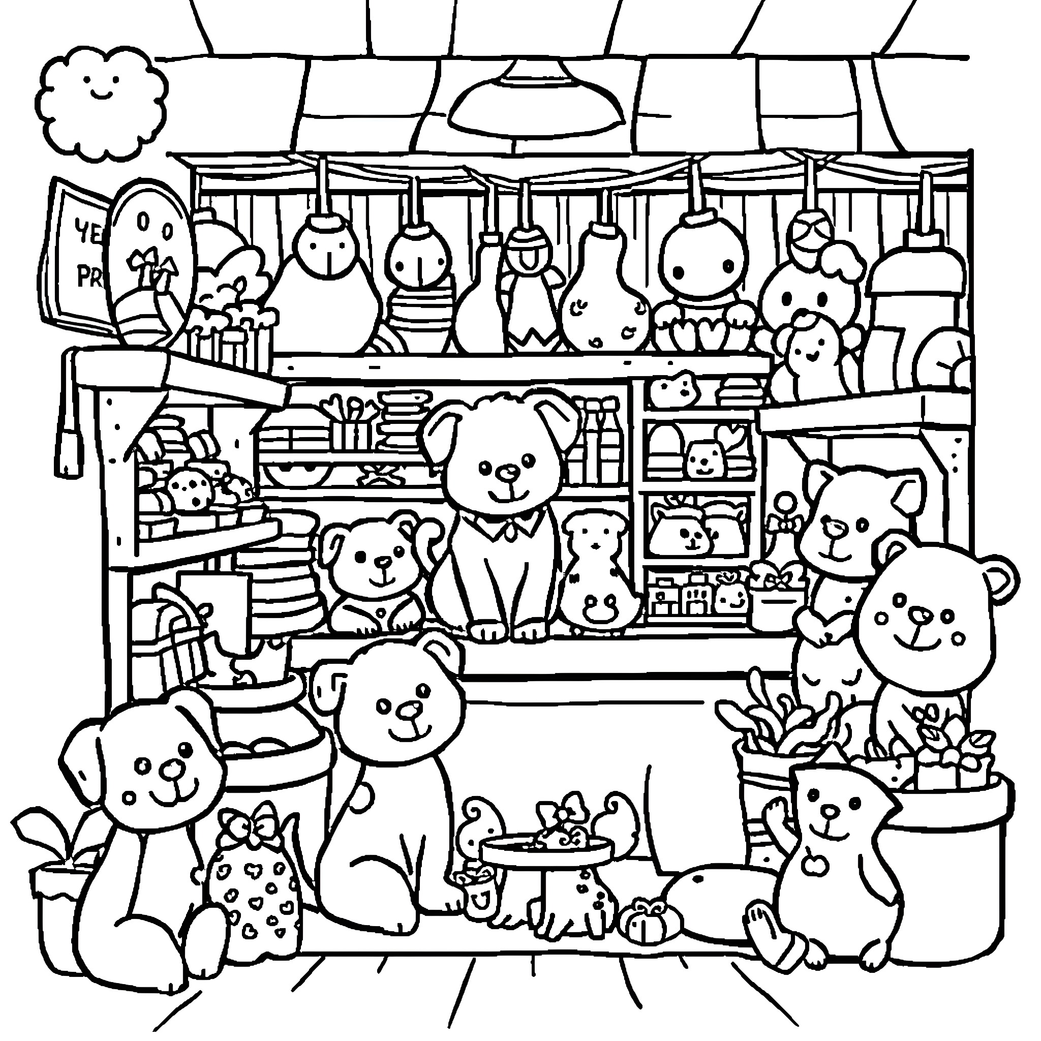 Pet Shop with Cuddly Toys and Accessories Coloring Page (free black-and-white line drawing printable PDF for all, from beginners to advanced learners, including children, teens, adults, and seniors)