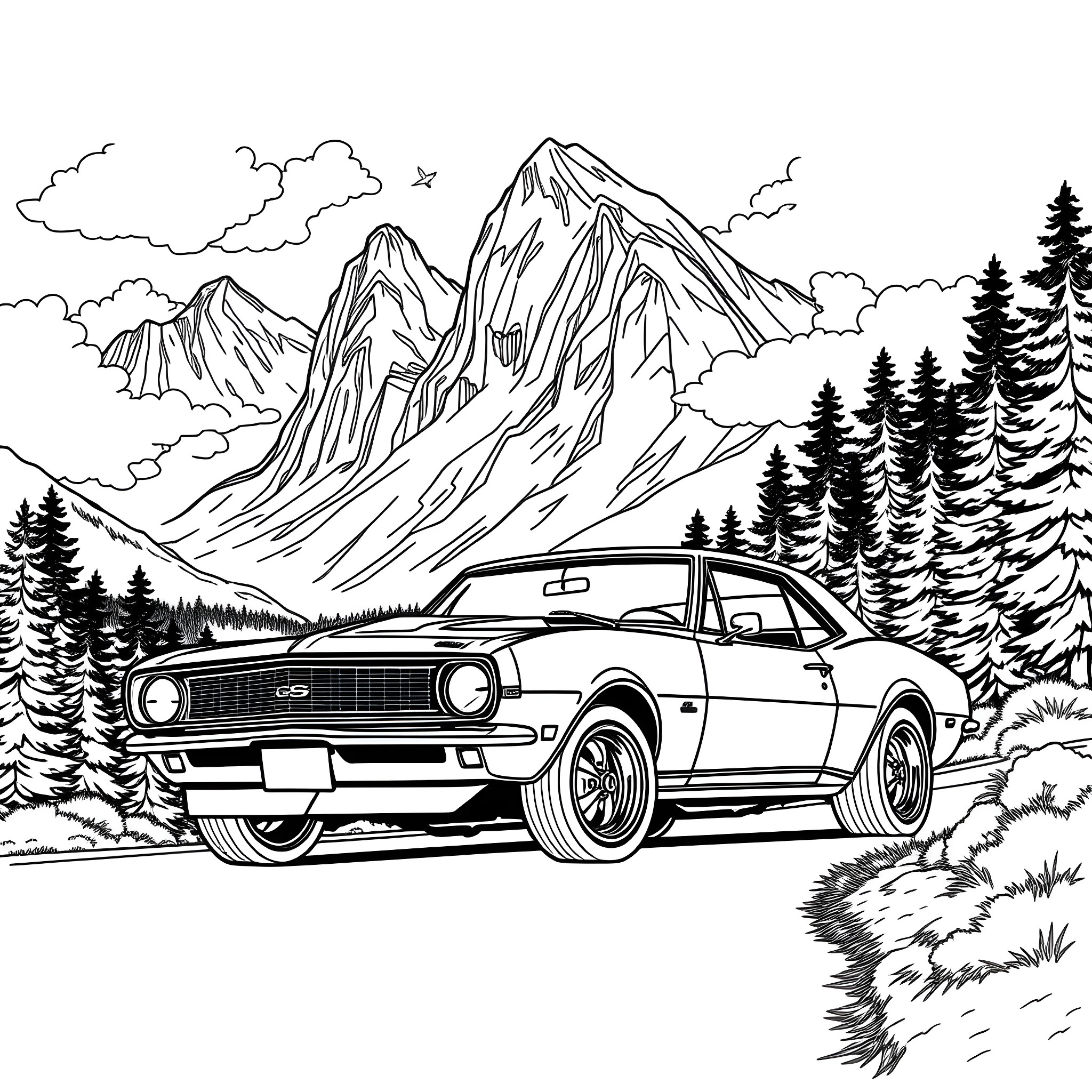 Chevrolet Camaro driving through scenic mountain landscape Coloring Page (free black-and-white line drawing printable PDF for all, from beginners to advanced learners, including children, teens, adults, and seniors)