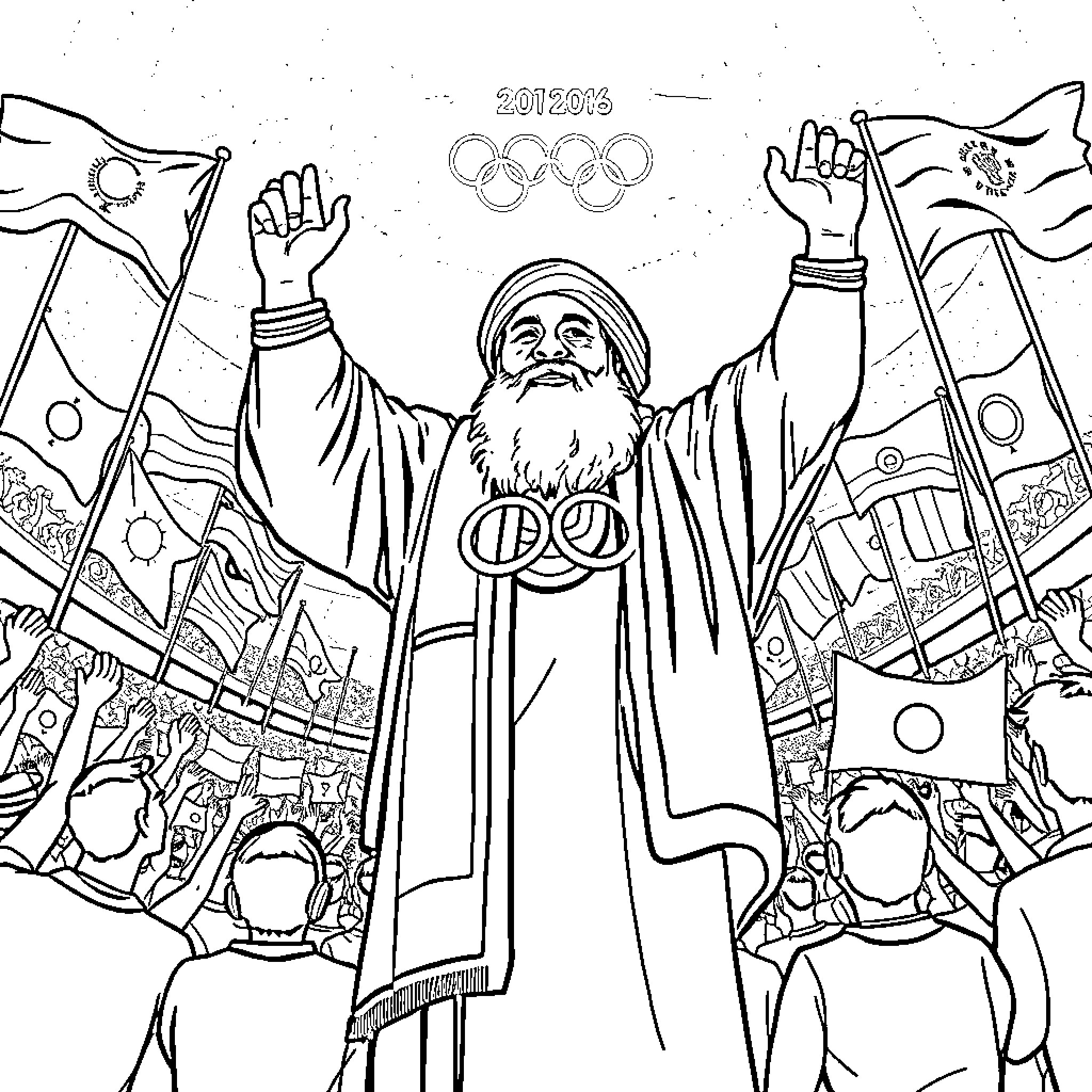 Rumi celebrates Olympic spirit with joyful enthusiasm Coloring Page (free black-and-white line drawing printable PDF for all, from beginners to advanced learners, including children, teens, adults, and seniors)