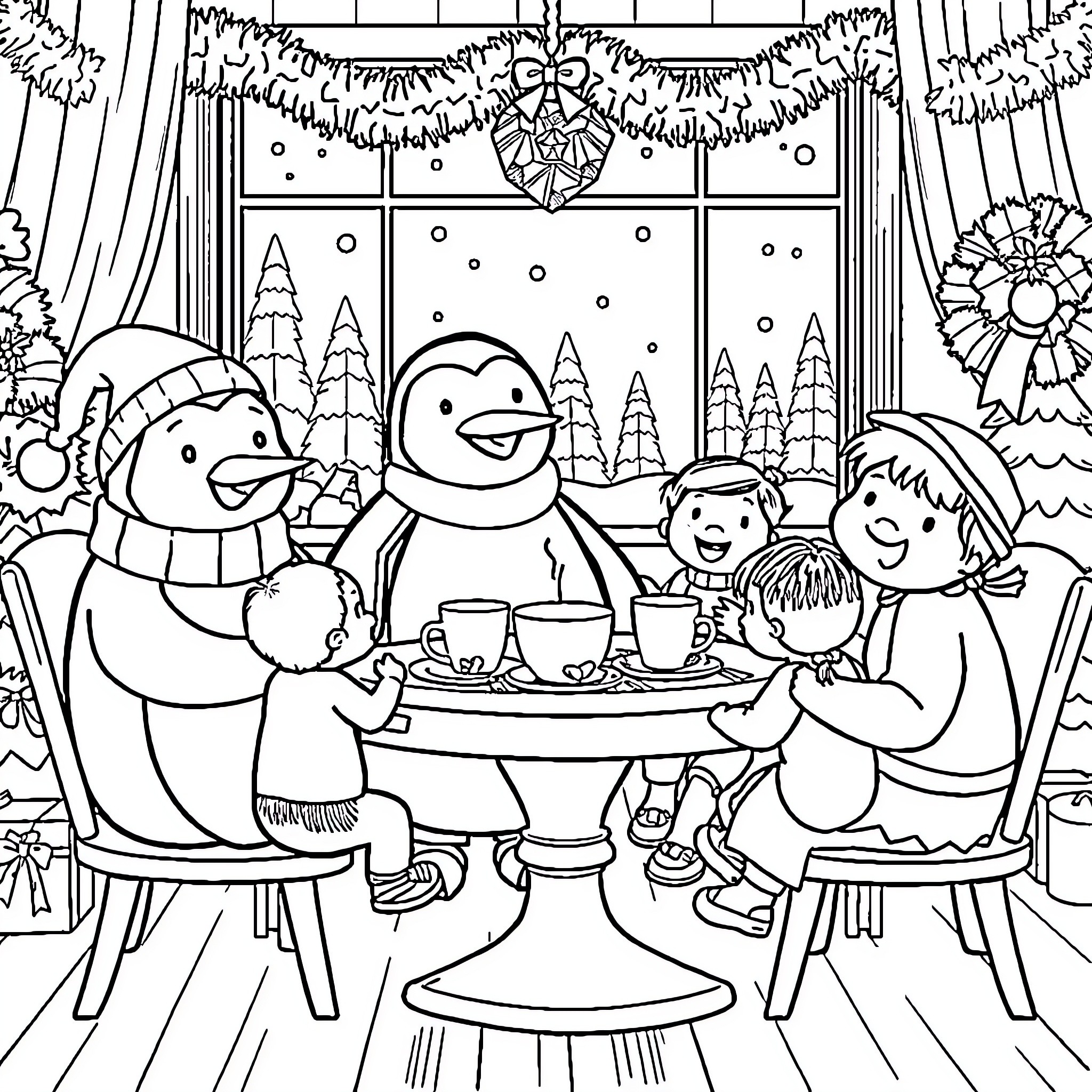 Penguin family enjoying a festive winter gathering Coloring Page (free black-and-white line drawing printable PDF for all, from beginners to advanced learners, including children, teens, adults, and seniors)