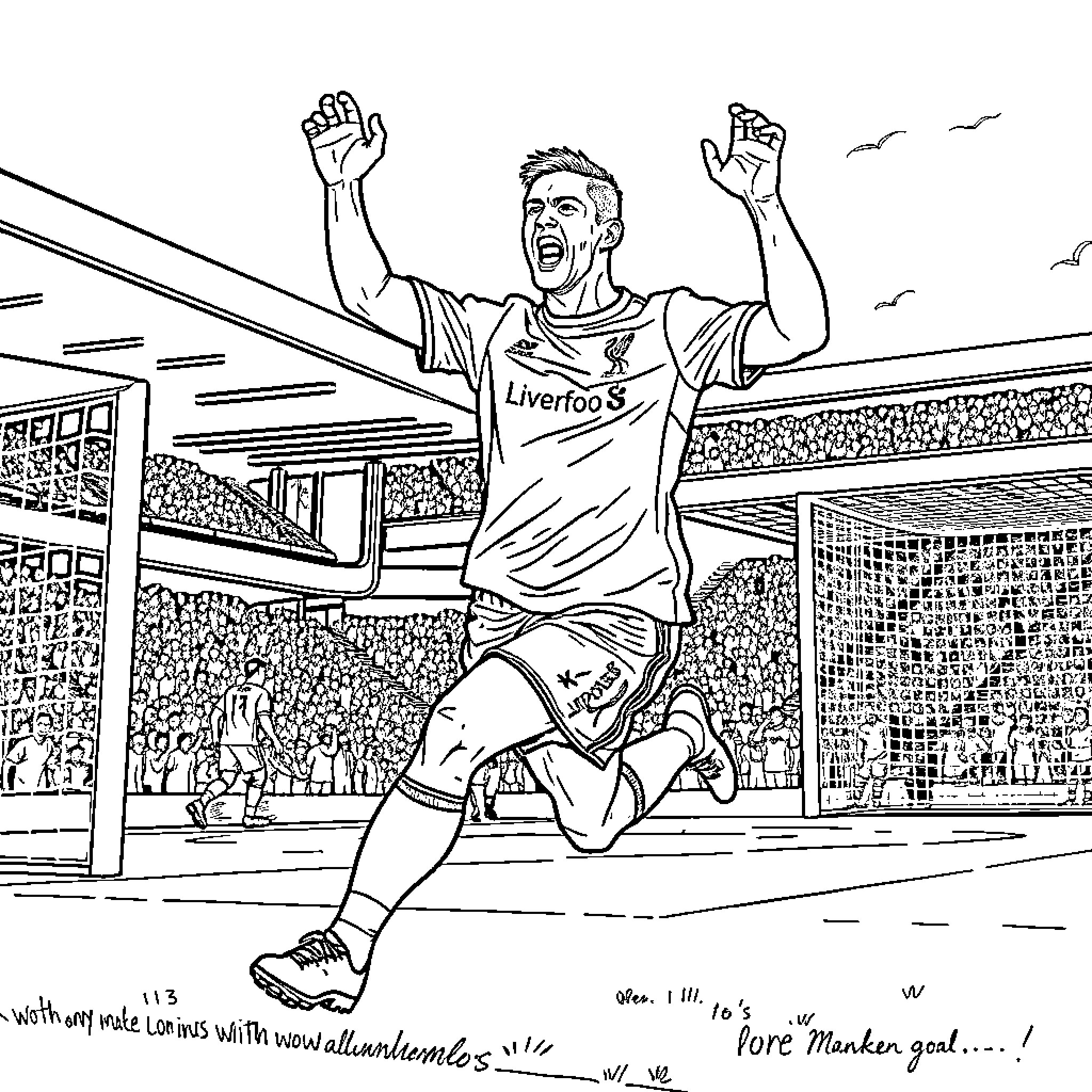 Steven Gerrard celebrating a goal for Liverpool Coloring Page (free black-and-white line drawing printable PDF for all, from beginners to advanced learners, including children, teens, adults, and seniors)