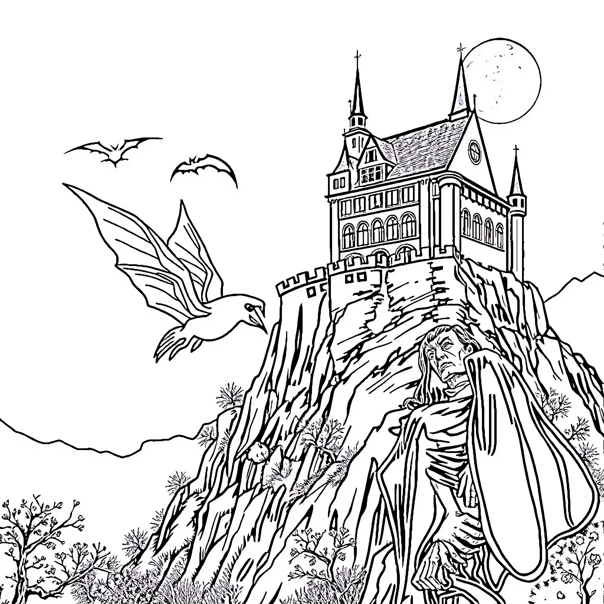Bat castle on cliff with moon Coloring Page (free black-and-white line drawing printable PDF for all, from beginners to advanced learners, including children, teens, adults, and seniors)