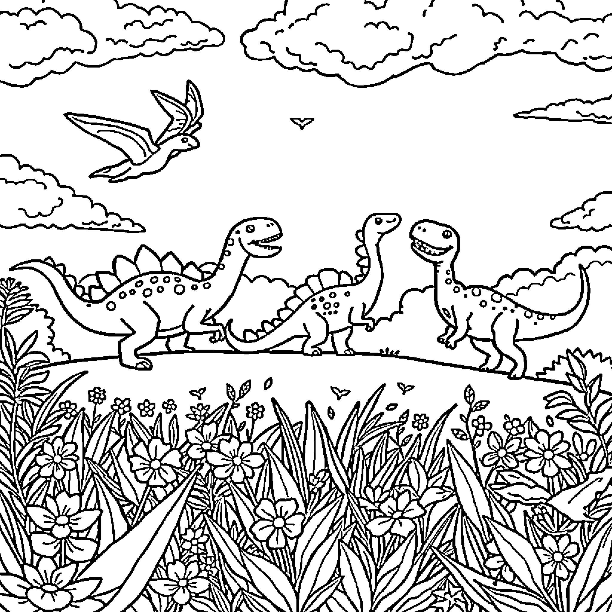 Dinosaur friends exploring the lush prehistoric landscape Coloring Page (free black-and-white line drawing printable PDF for all, from beginners to advanced learners, including children, teens, adults, and seniors)