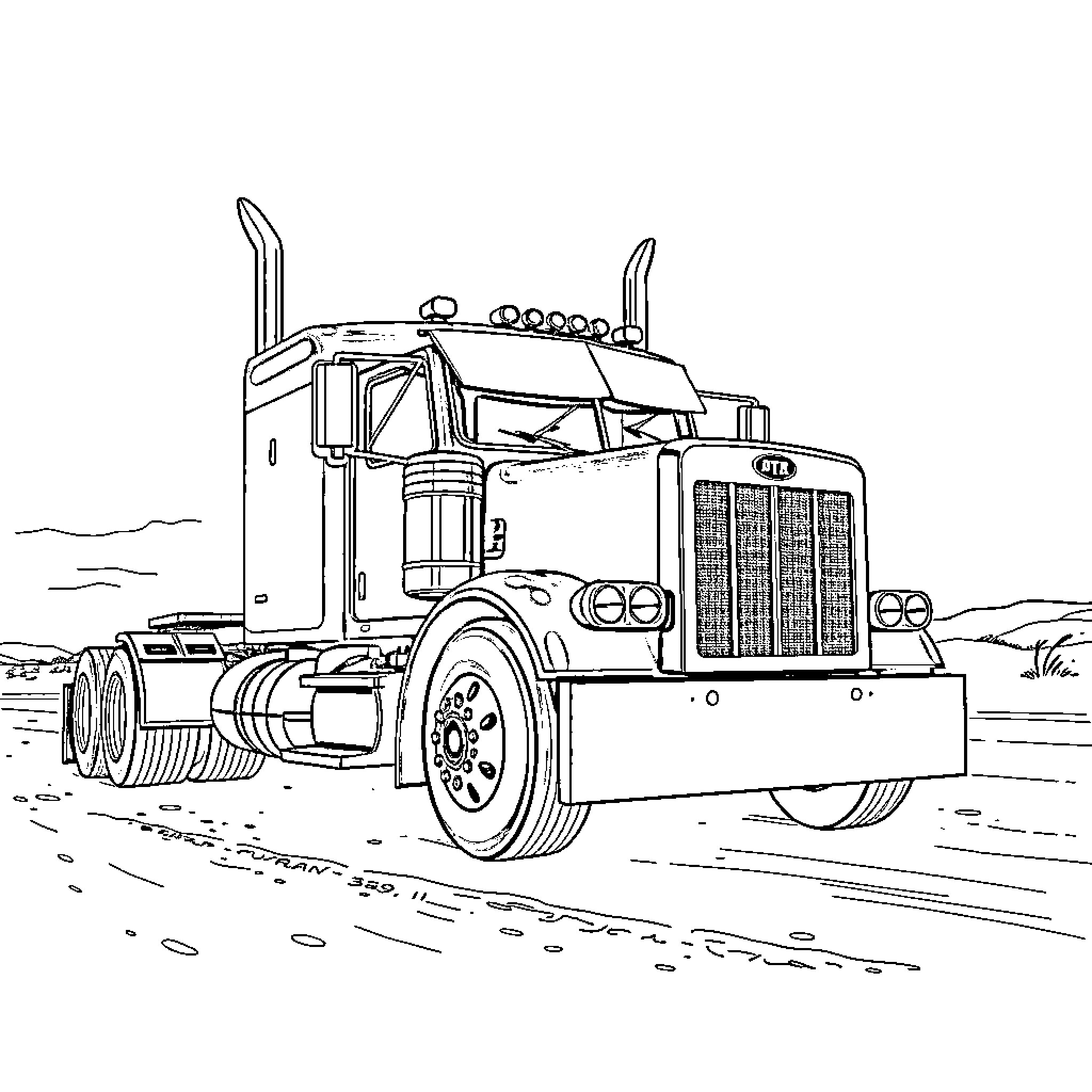 Peterbilt semi-truck on the open road Coloring Page (free black-and-white line drawing printable PDF for all, from beginners to advanced learners, including children, teens, adults, and seniors)