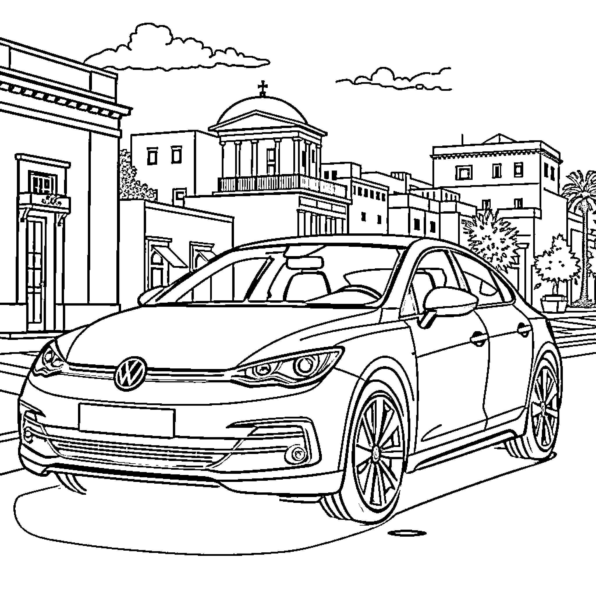 Car in urban city scene with buildings Coloring Page (free black-and-white line drawing printable PDF for all, from beginners to advanced learners, including children, teens, adults, and seniors)