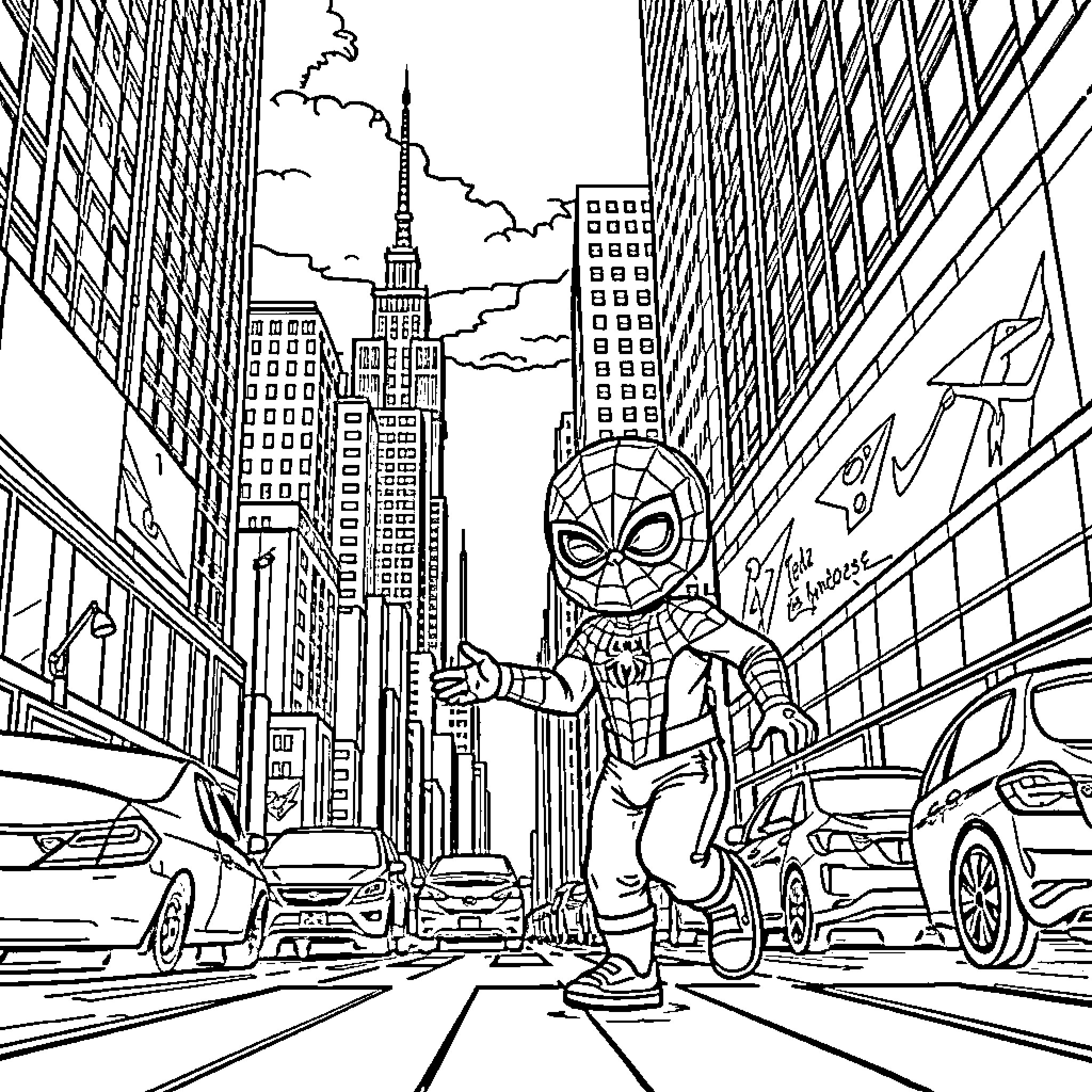 Spiderman swings through the city streets Coloring Page (free black-and-white line drawing printable PDF for all, from beginners to advanced learners, including children, teens, adults, and seniors)