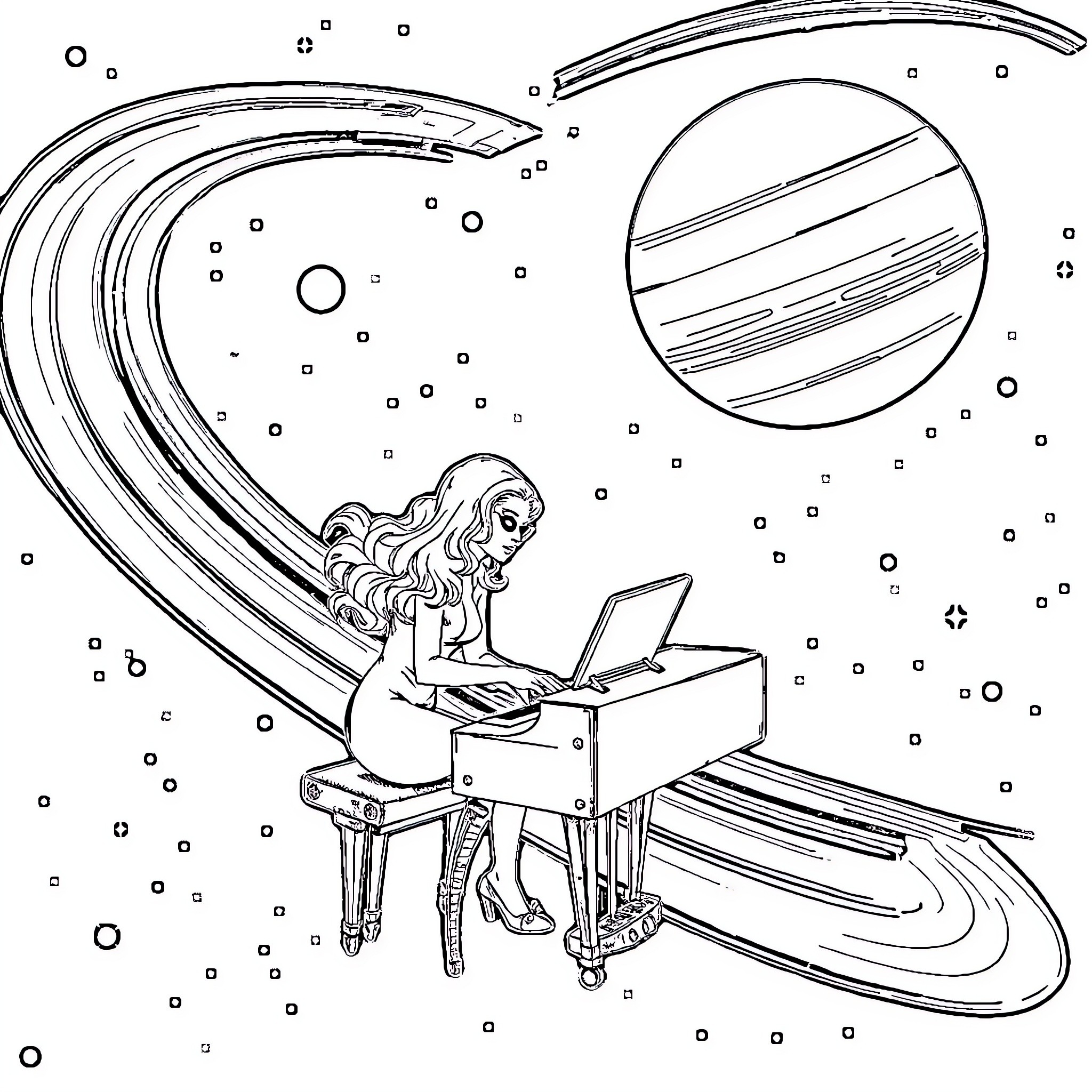 Lady Gaga playing piano in cosmic space Coloring Page (free black-and-white line drawing printable PDF for all, from beginners to advanced learners, including children, teens, adults, and seniors)