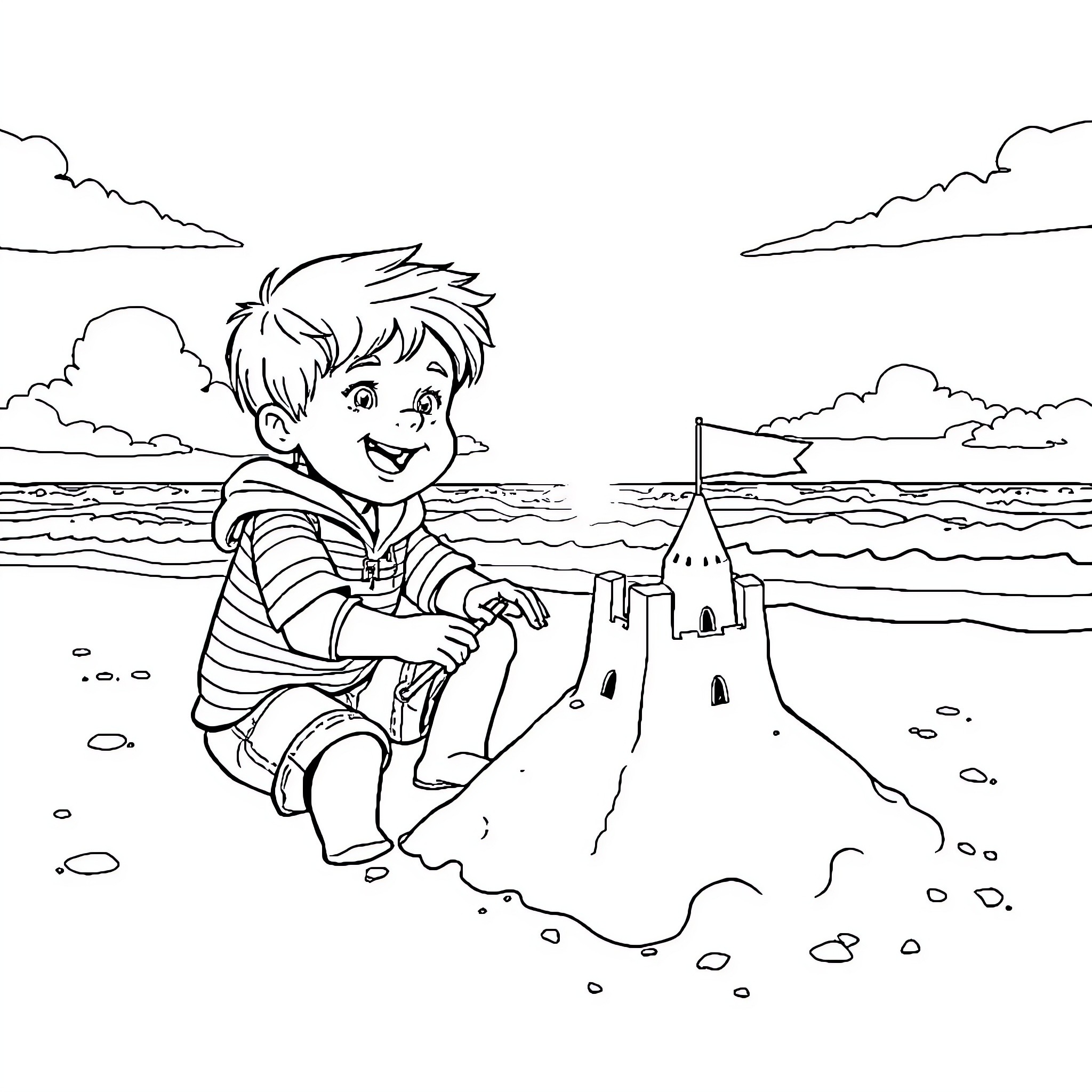Child building sandcastle on the beach Coloring Page (free black-and-white line drawing printable PDF for all, from beginners to advanced learners, including children, teens, adults, and seniors)