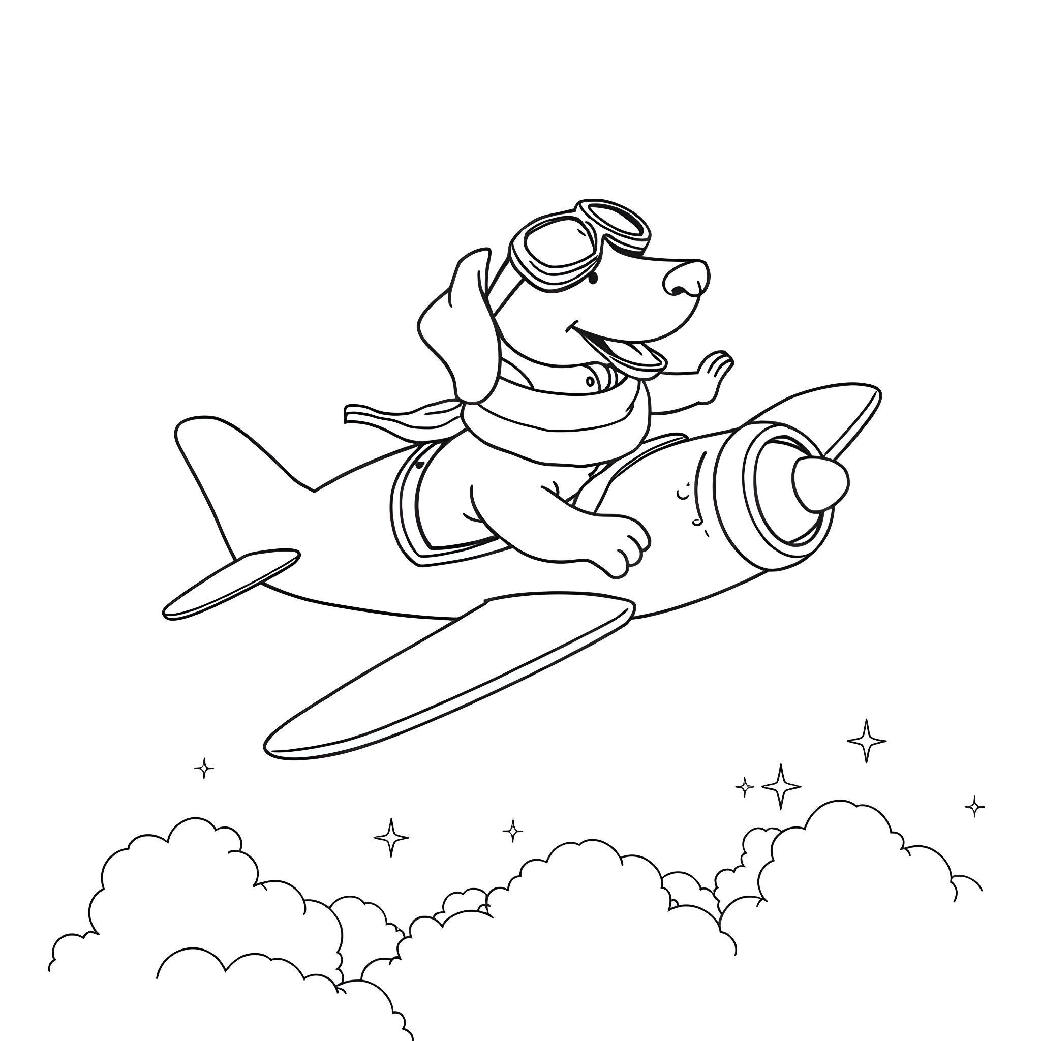 Wiener Dog pilot flying a vintage airplane Coloring Page (free black-and-white line drawing printable PDF for all, from beginners to advanced learners, including children, teens, adults, and seniors)