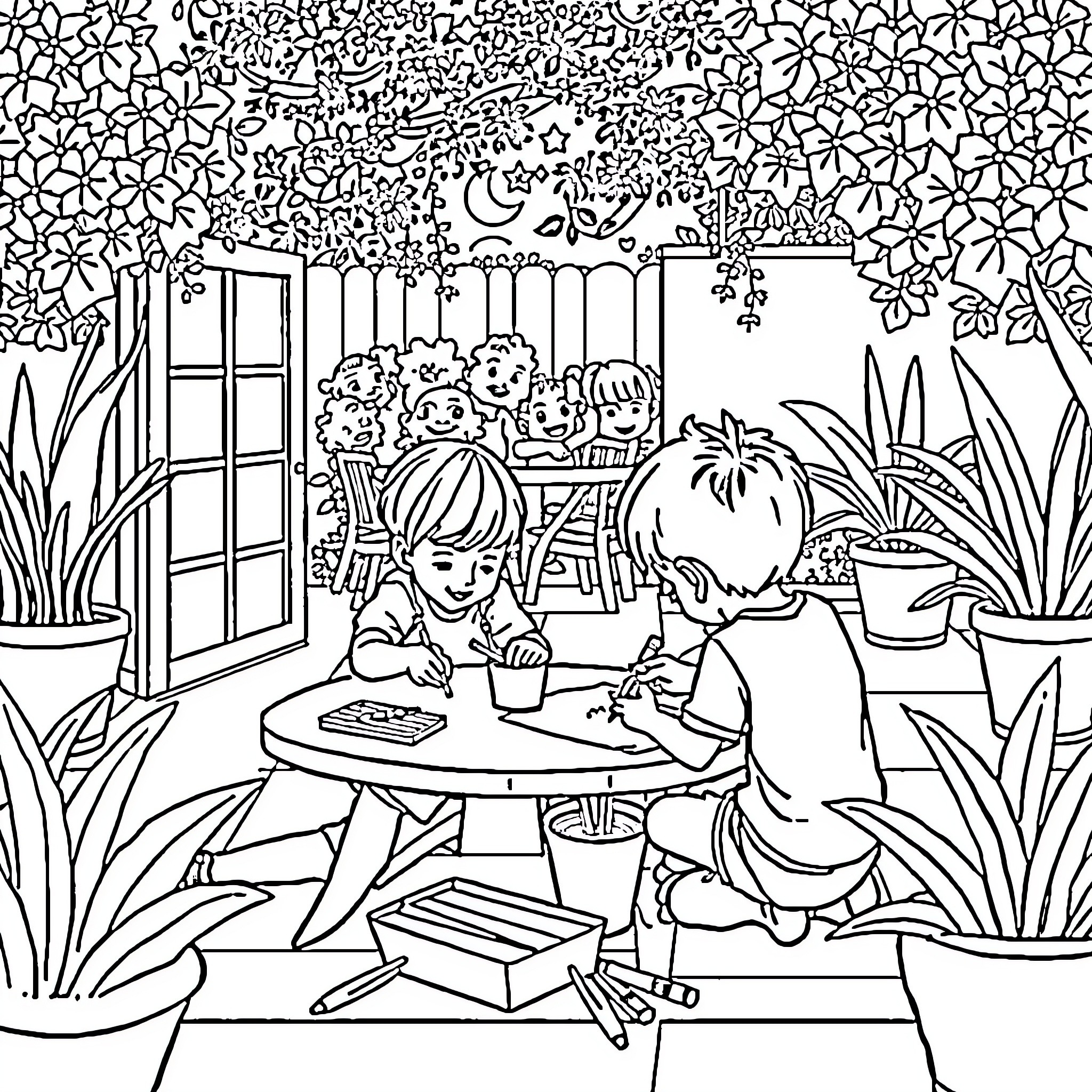 Niños jugando y dibujando en el jardín Coloring Page (free black-and-white line drawing printable PDF for all, from beginners to advanced learners, including children, teens, adults, and seniors)