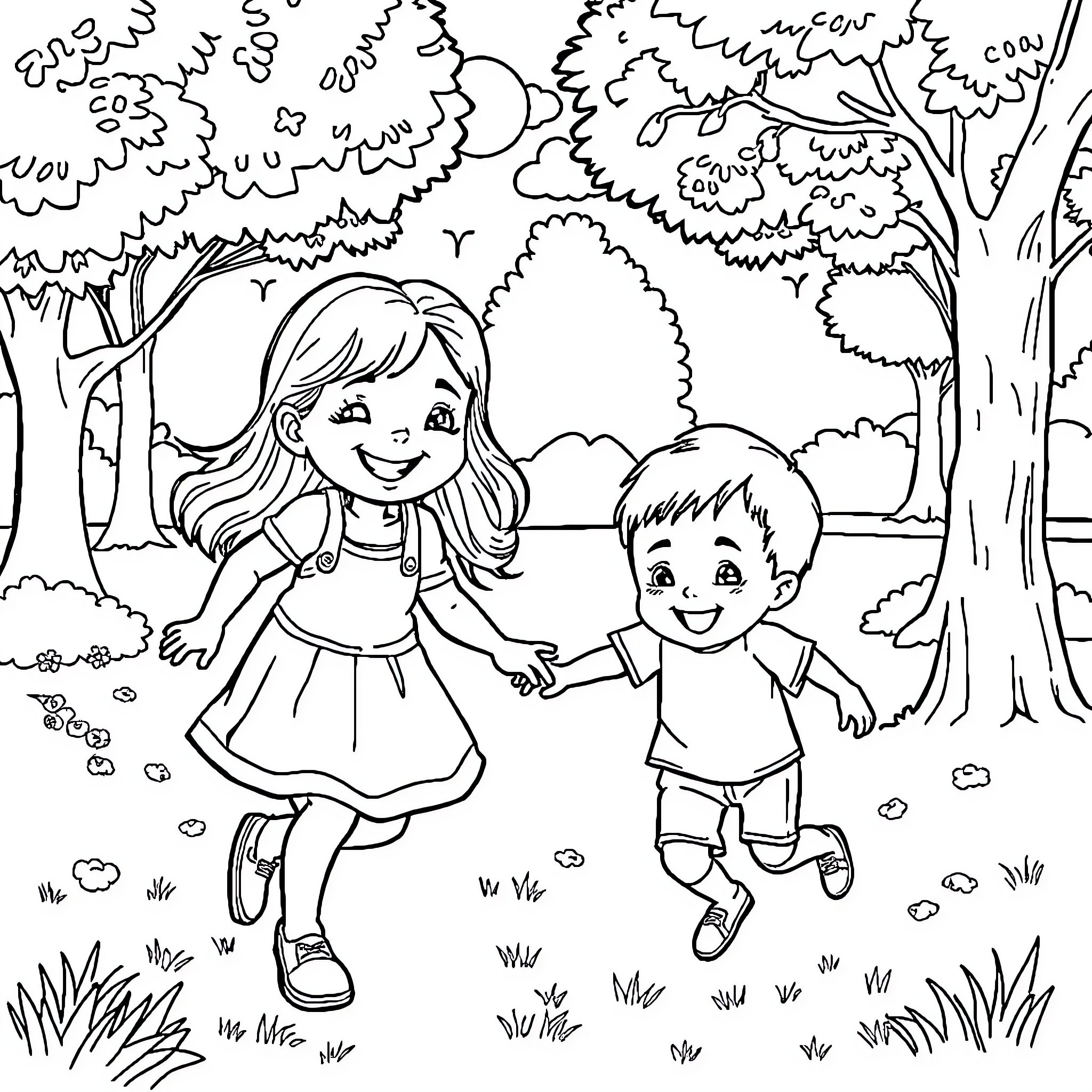 Girl and Boy Playing Happily in the Forest Coloring Page (free black-and-white line drawing printable PDF for all, from beginners to advanced learners, including children, teens, adults, and seniors)