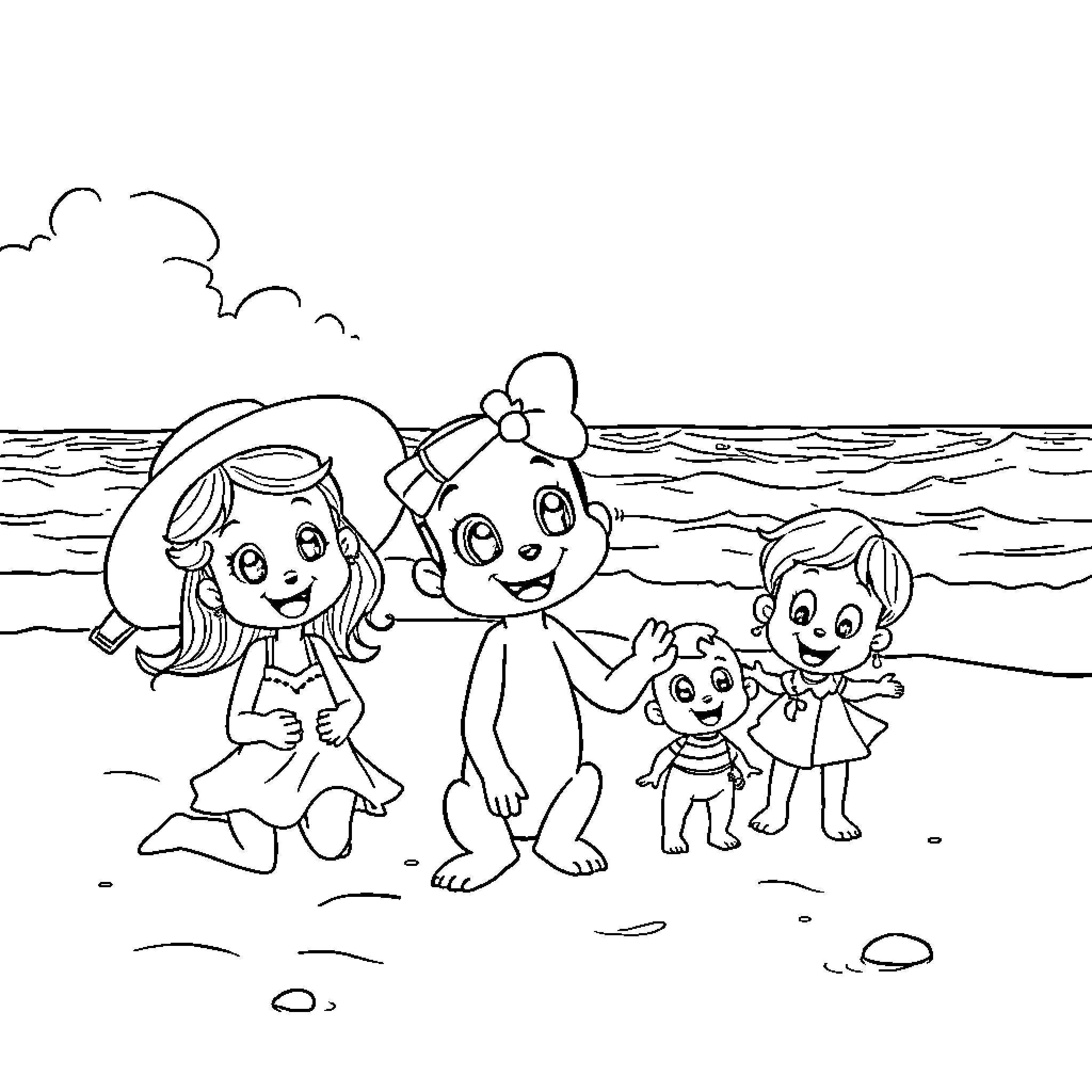 Bluey and family enjoying a day at the beach Coloring Page (free black-and-white line drawing printable PDF for all, from beginners to advanced learners, including children, teens, adults, and seniors)