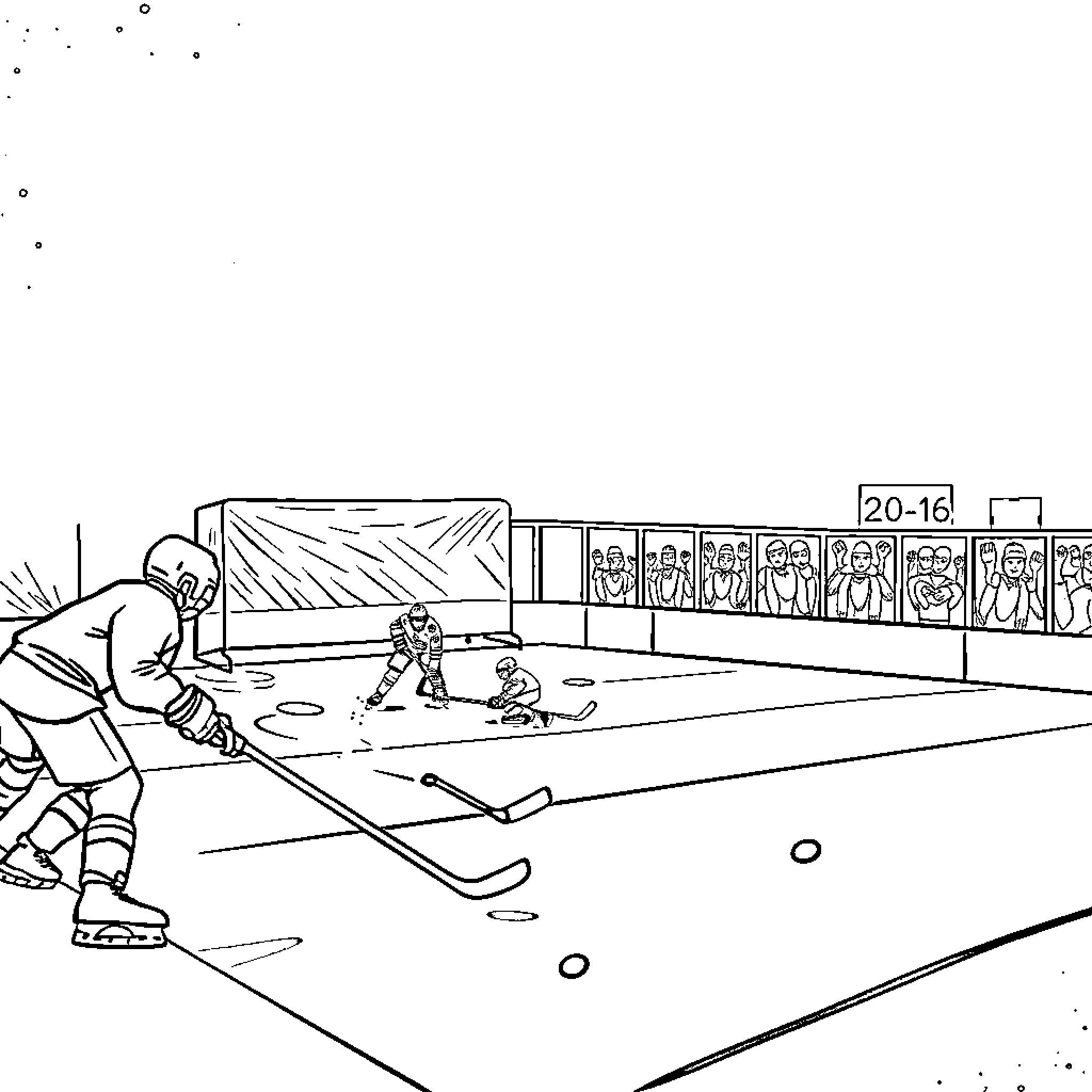 Hockey players in action on the rink Coloring Page (free black-and-white line drawing printable PDF for all, from beginners to advanced learners, including children, teens, adults, and seniors)