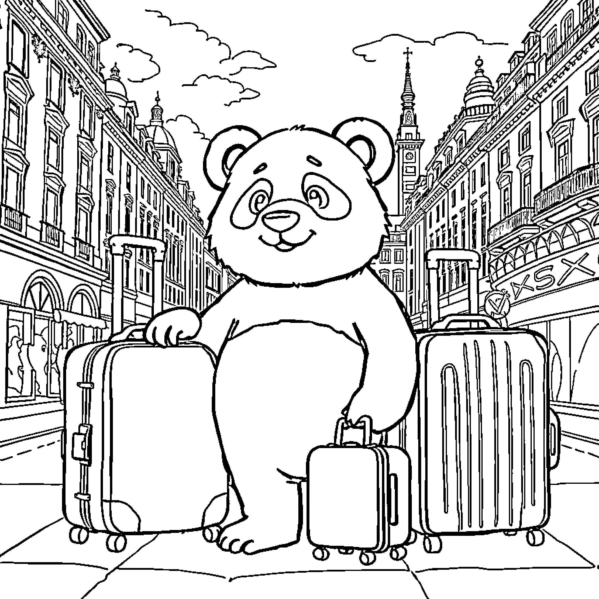 Panda touring the city with luggage Coloring Page (free black-and-white line drawing printable PDF for all, from beginners to advanced learners, including children, teens, adults, and seniors)