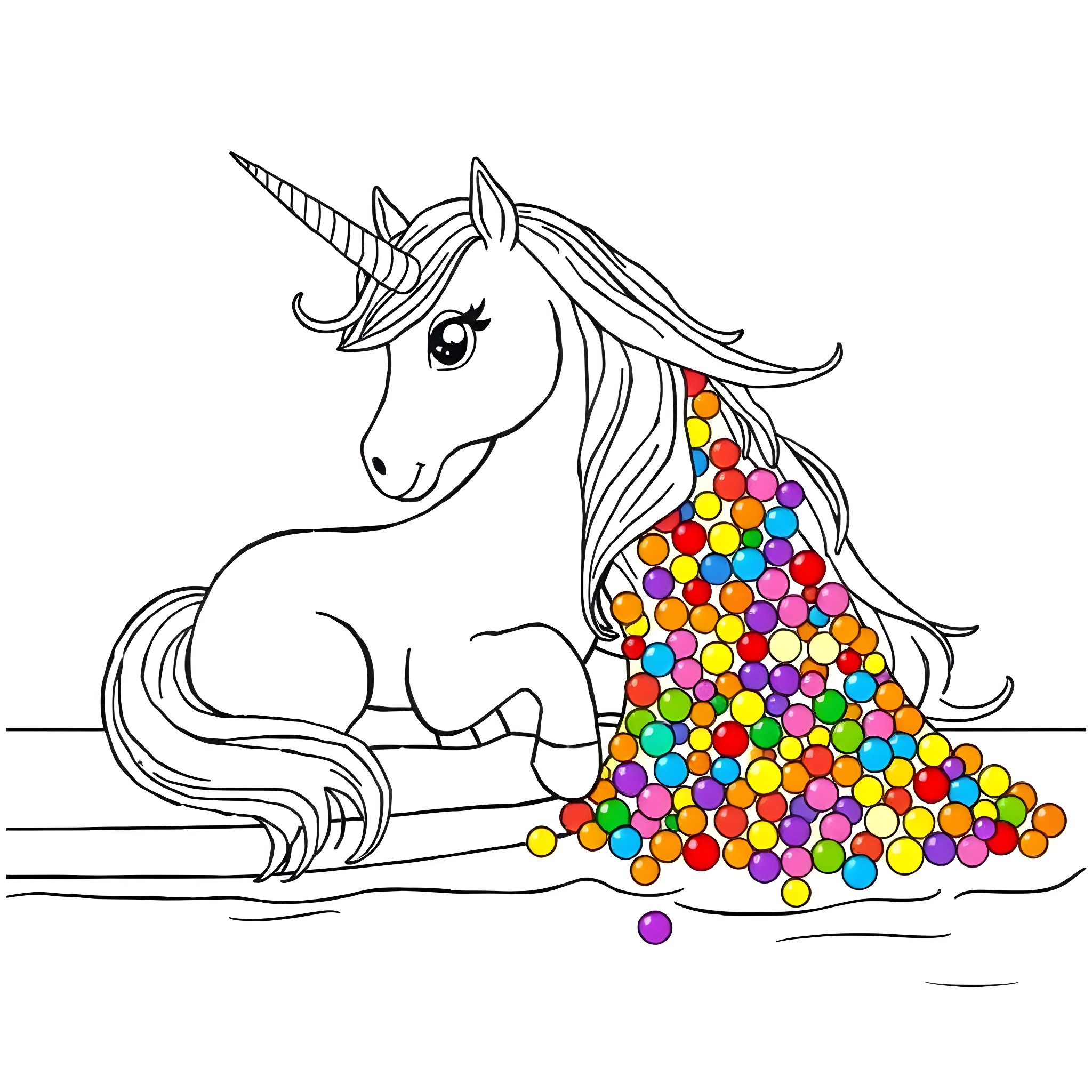 Unicorn resting on a pile of colorful gems Coloring Page (free black-and-white line drawing printable PDF for all, from beginners to advanced learners, including children, teens, adults, and seniors)