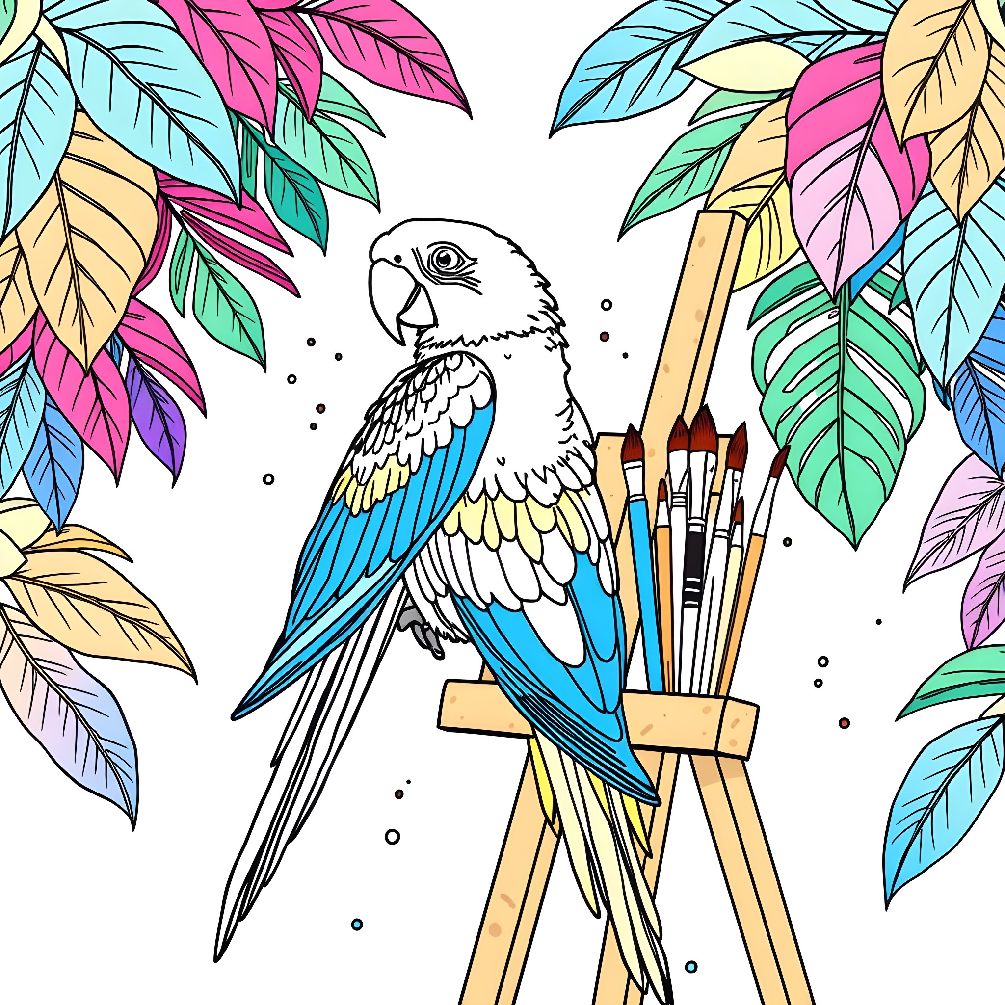 Parrot on Easel Surrounded by Colorful Leaves Coloring Page (free black-and-white line drawing printable PDF for all, from beginners to advanced learners, including children, teens, adults, and seniors)
