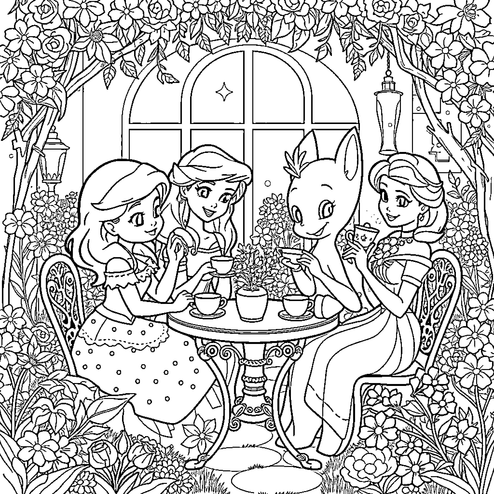 Bingo Tea Party Among Flowers Coloring Page (free black-and-white line drawing printable PDF for all, from beginners to advanced learners, including children, teens, adults, and seniors)