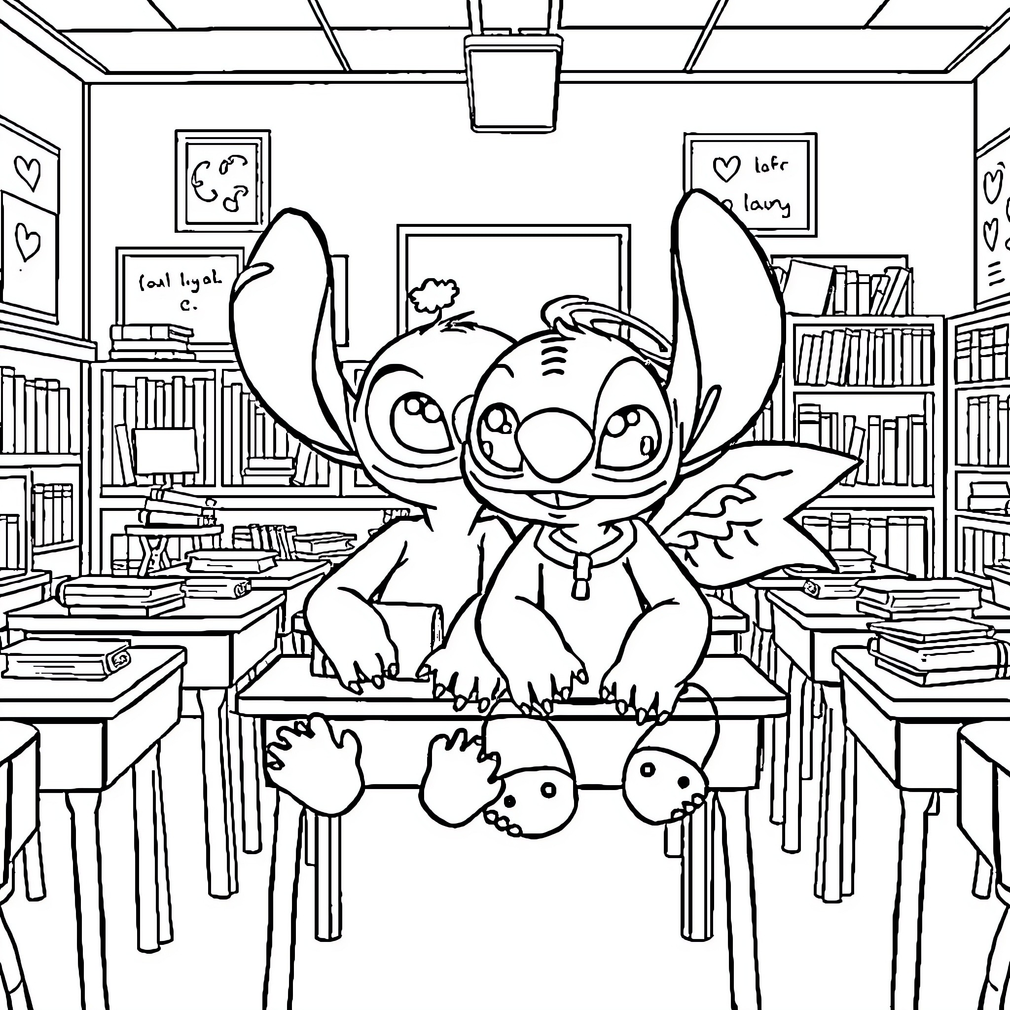 Stitch exploring a cozy classroom setting Coloring Page (free black-and-white line drawing printable PDF for all, from beginners to advanced learners, including children, teens, adults, and seniors)