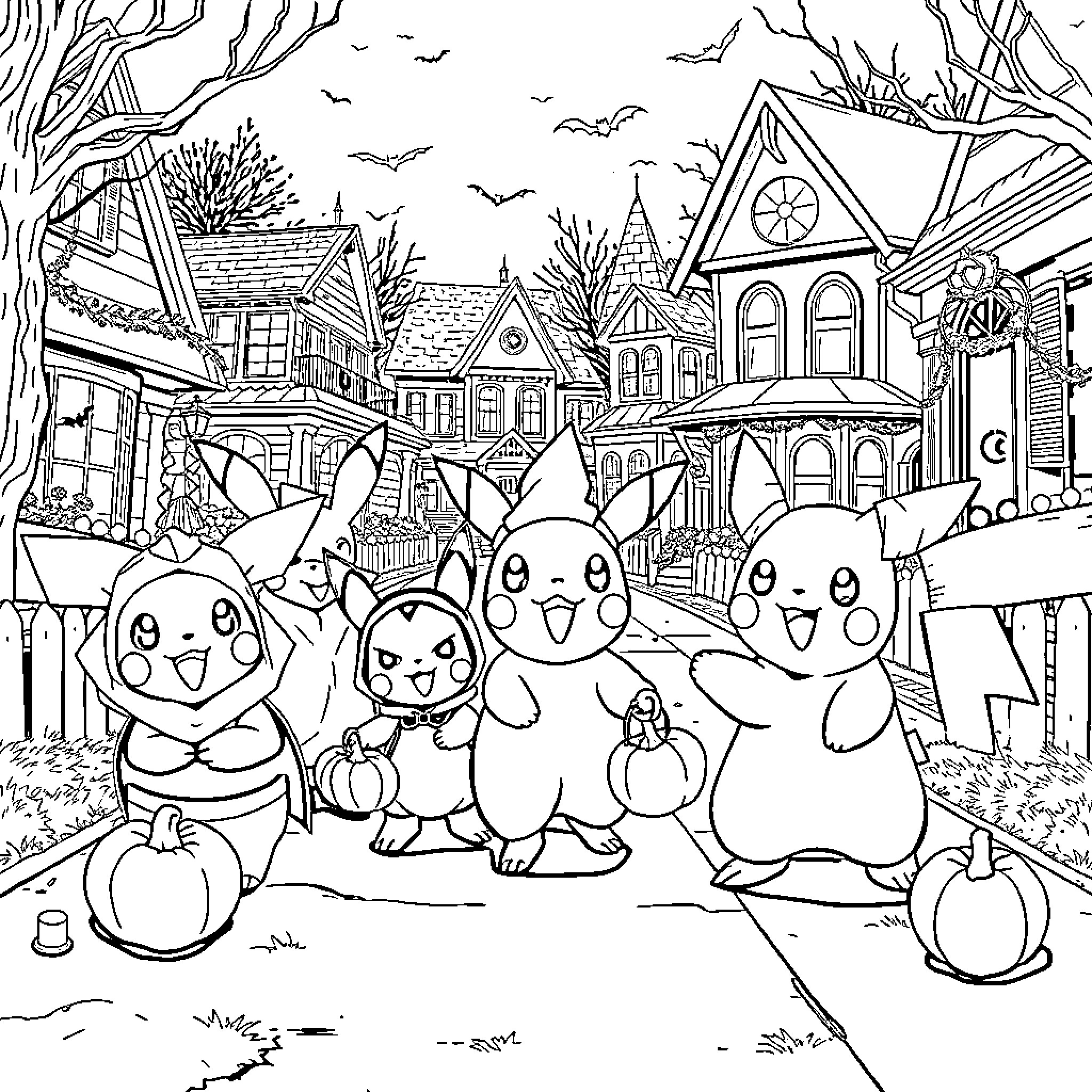 Pokémon characters celebrating Halloween in a spooky town Coloring Page (free black-and-white line drawing printable PDF for all, from beginners to advanced learners, including children, teens, adults, and seniors)