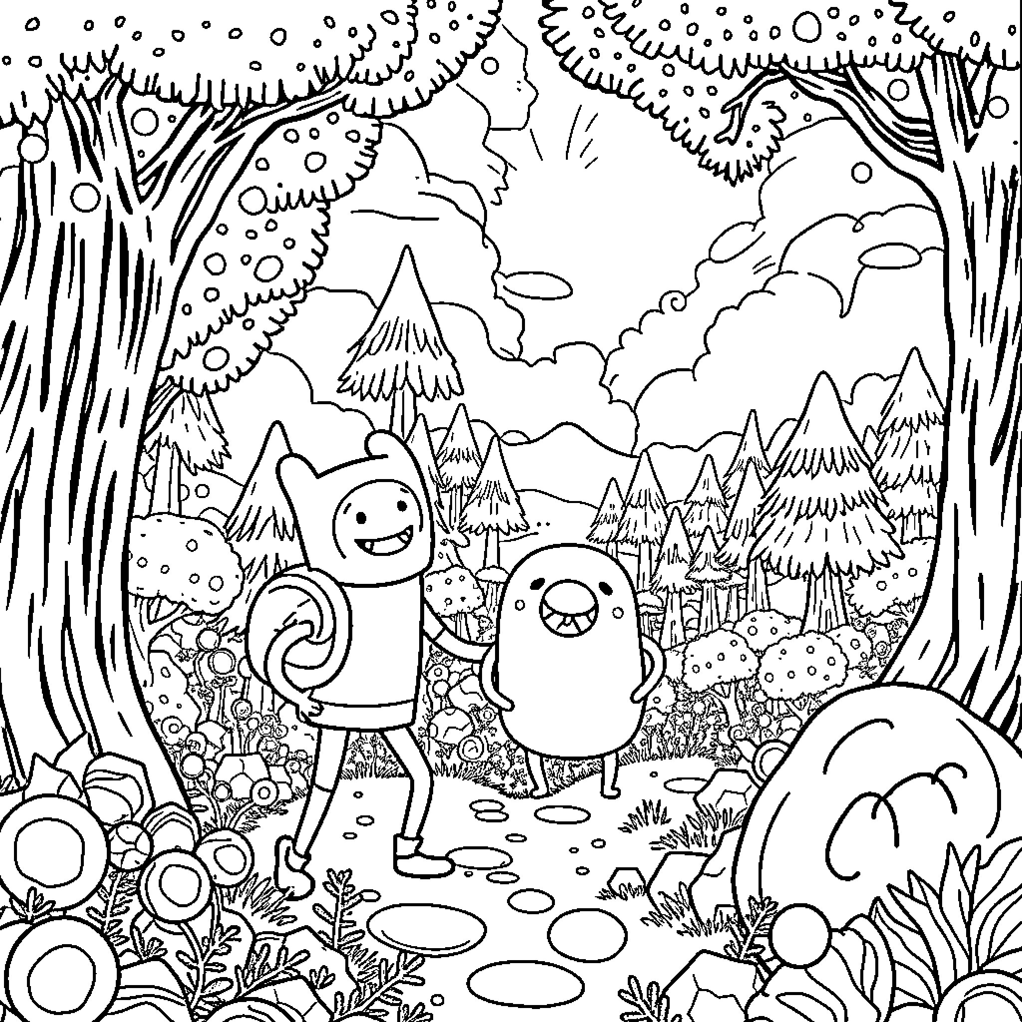 Adventure Time in the Whimsical Forest Coloring Page (free black-and-white line drawing printable PDF for all, from beginners to advanced learners, including children, teens, adults, and seniors)