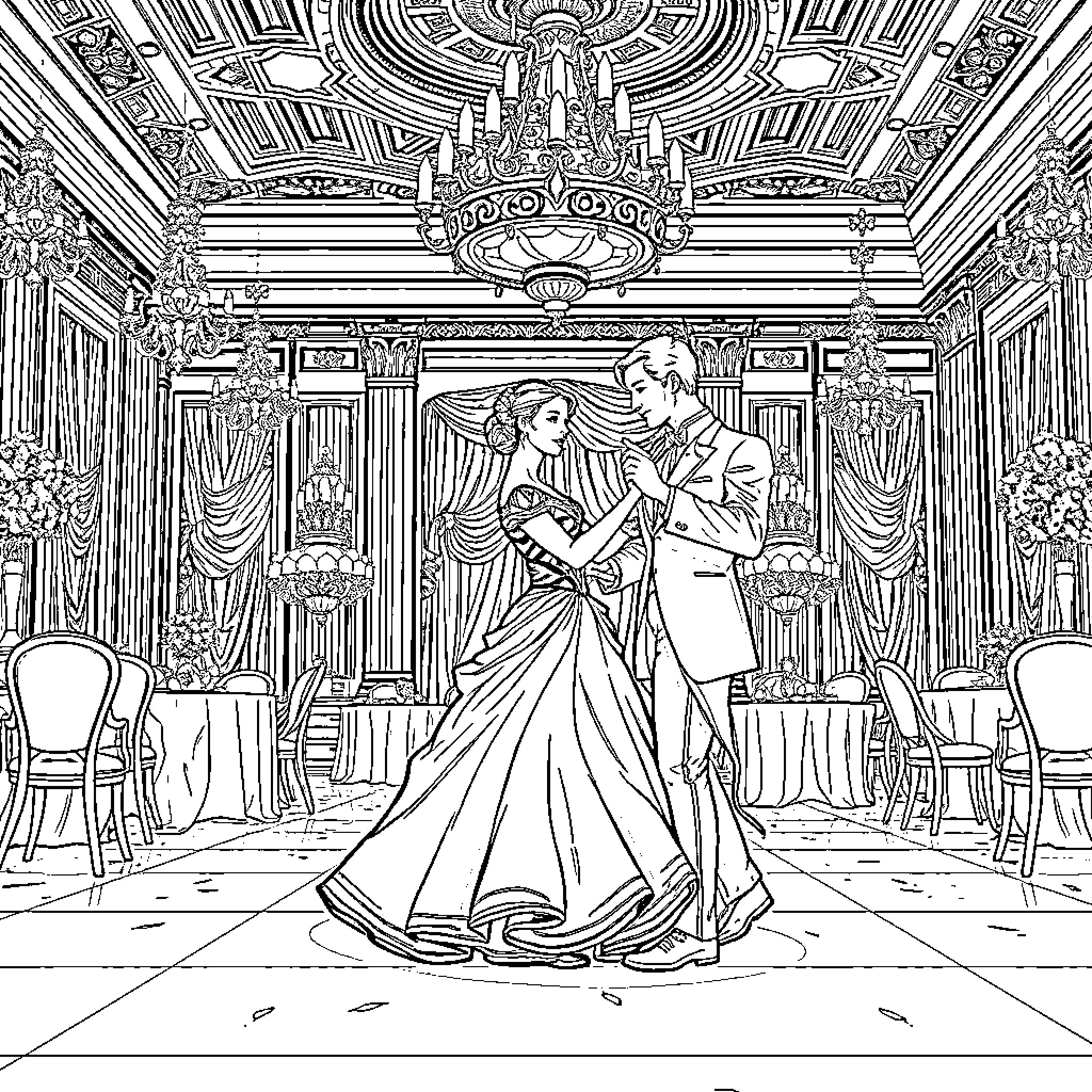 Couple dancing elegantly in a grand ballroom Coloring Page (free black-and-white line drawing printable PDF for all, from beginners to advanced learners, including children, teens, adults, and seniors)