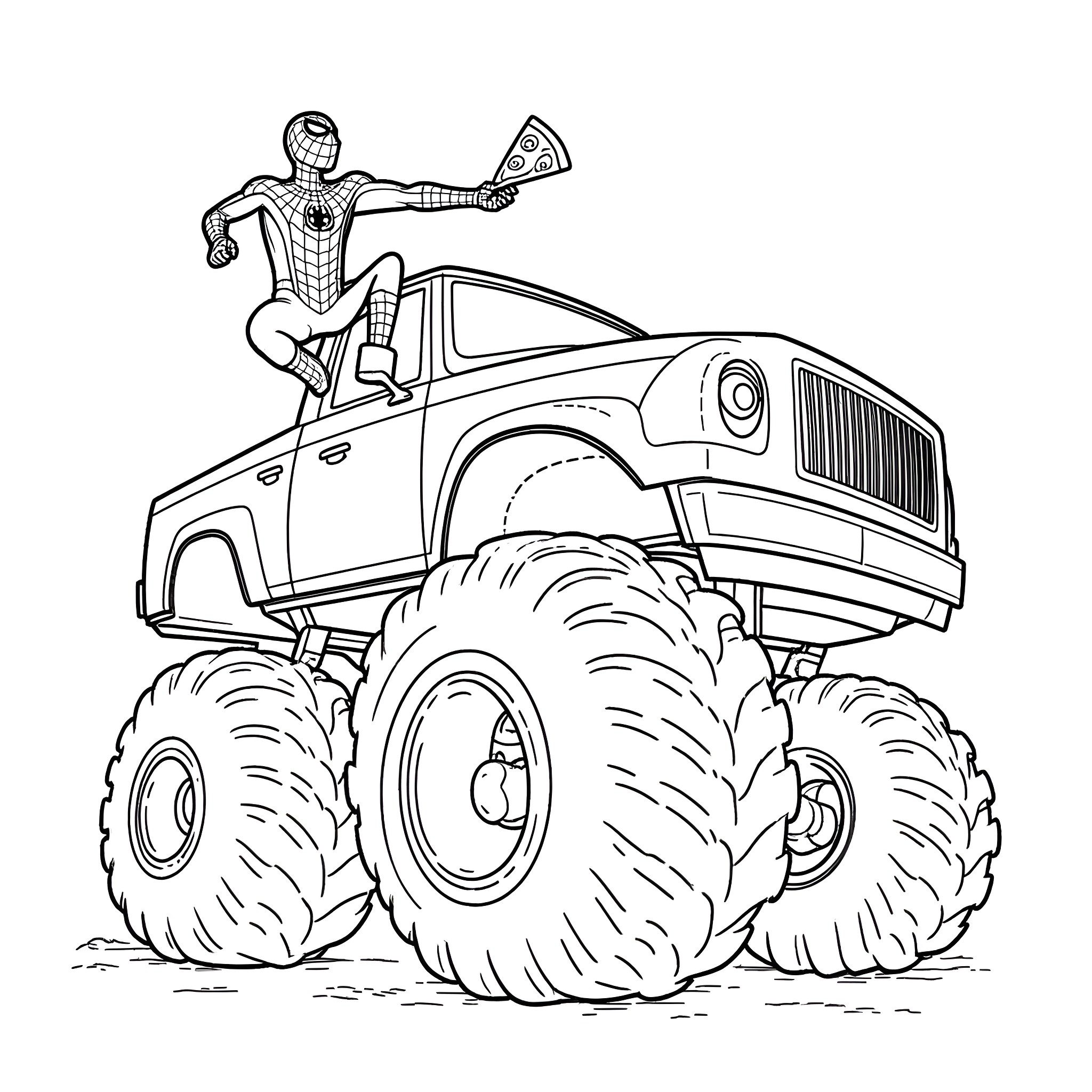 Spider-Man riding a monster truck in action Coloring Page (free black-and-white line drawing printable PDF for all, from beginners to advanced learners, including children, teens, adults, and seniors)