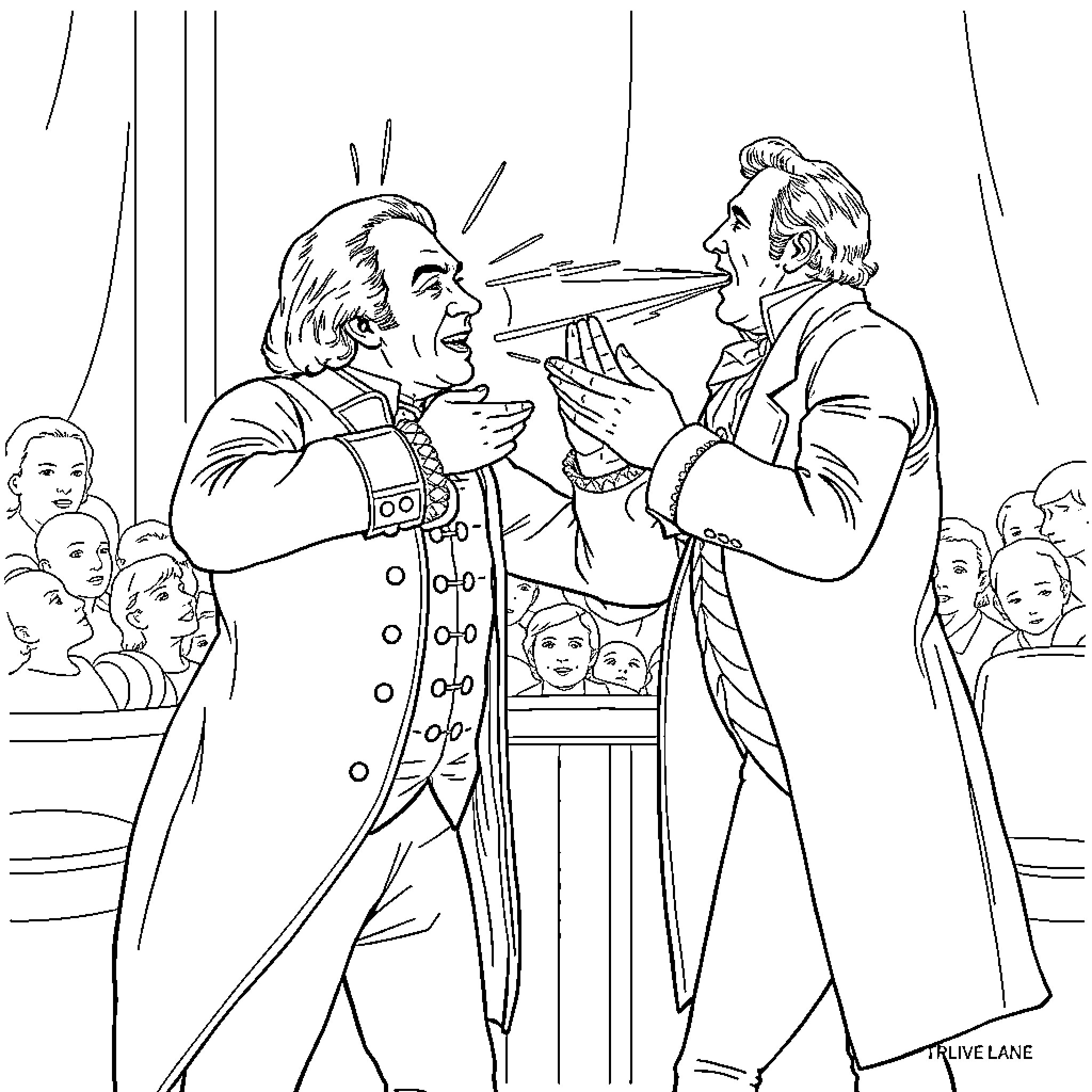 Alexander Hamilton in animated dispute with another figure Coloring Page (free black-and-white line drawing printable PDF for all, from beginners to advanced learners, including children, teens, adults, and seniors)