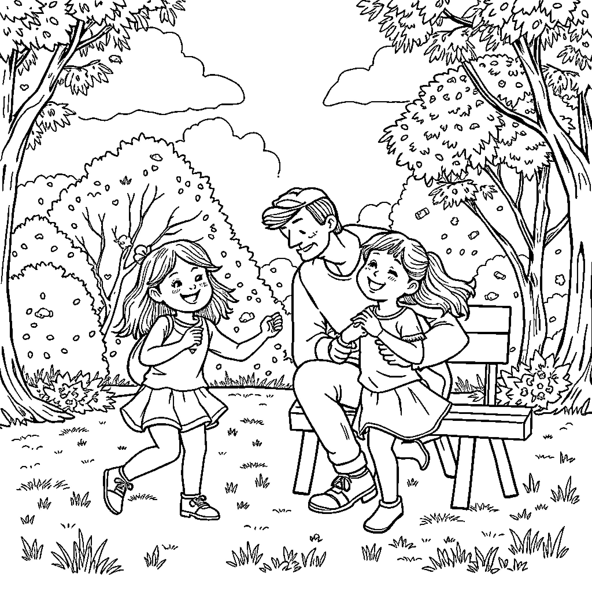 Girls playing in the park on a sunny day Coloring Page (free black-and-white line drawing printable PDF for all, from beginners to advanced learners, including children, teens, adults, and seniors)