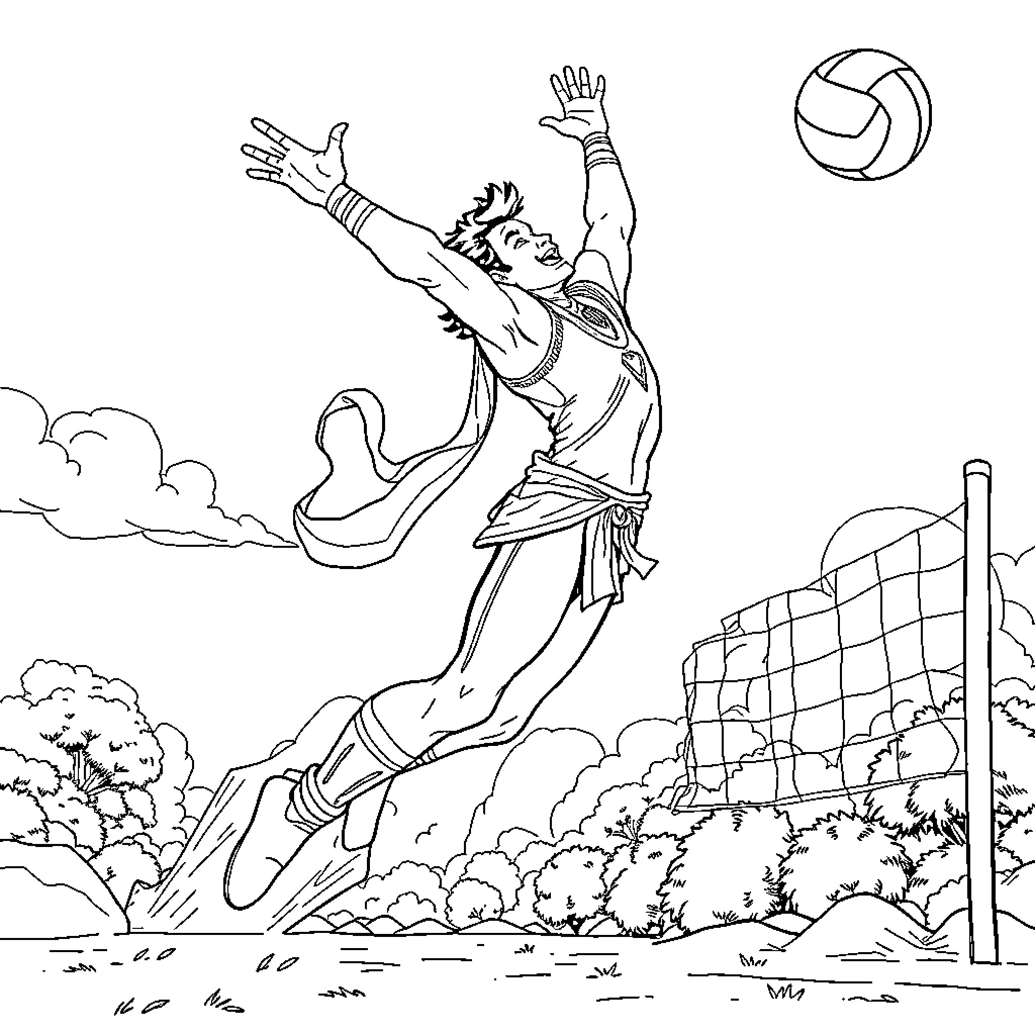 Shaktiman leaping into action on the volleyball court Coloring Page (free black-and-white line drawing printable PDF for all, from beginners to advanced learners, including children, teens, adults, and seniors)