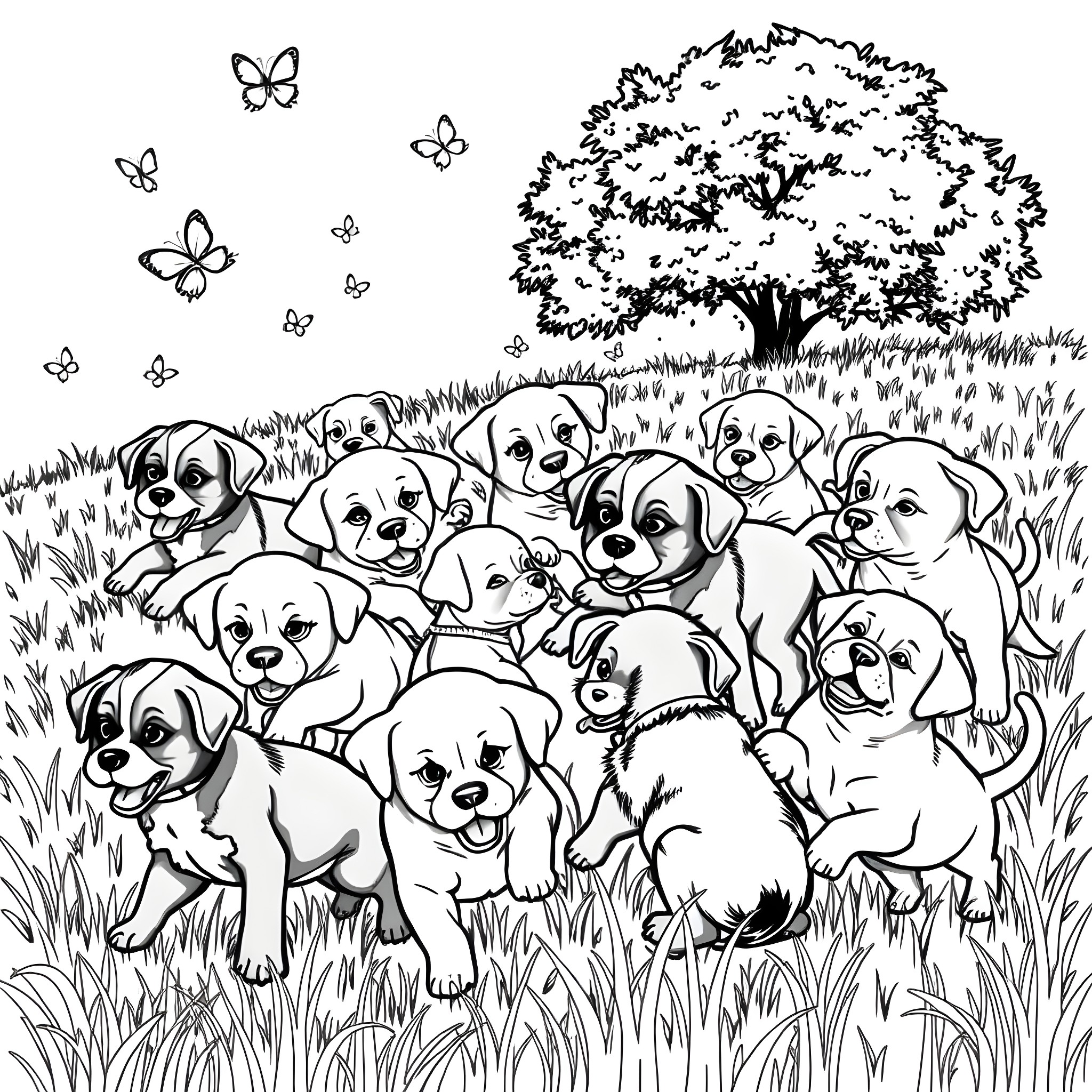 Puppy Playtime in the Park Coloring Page (free black-and-white line drawing printable PDF for all, from beginners to advanced learners, including children, teens, adults, and seniors)