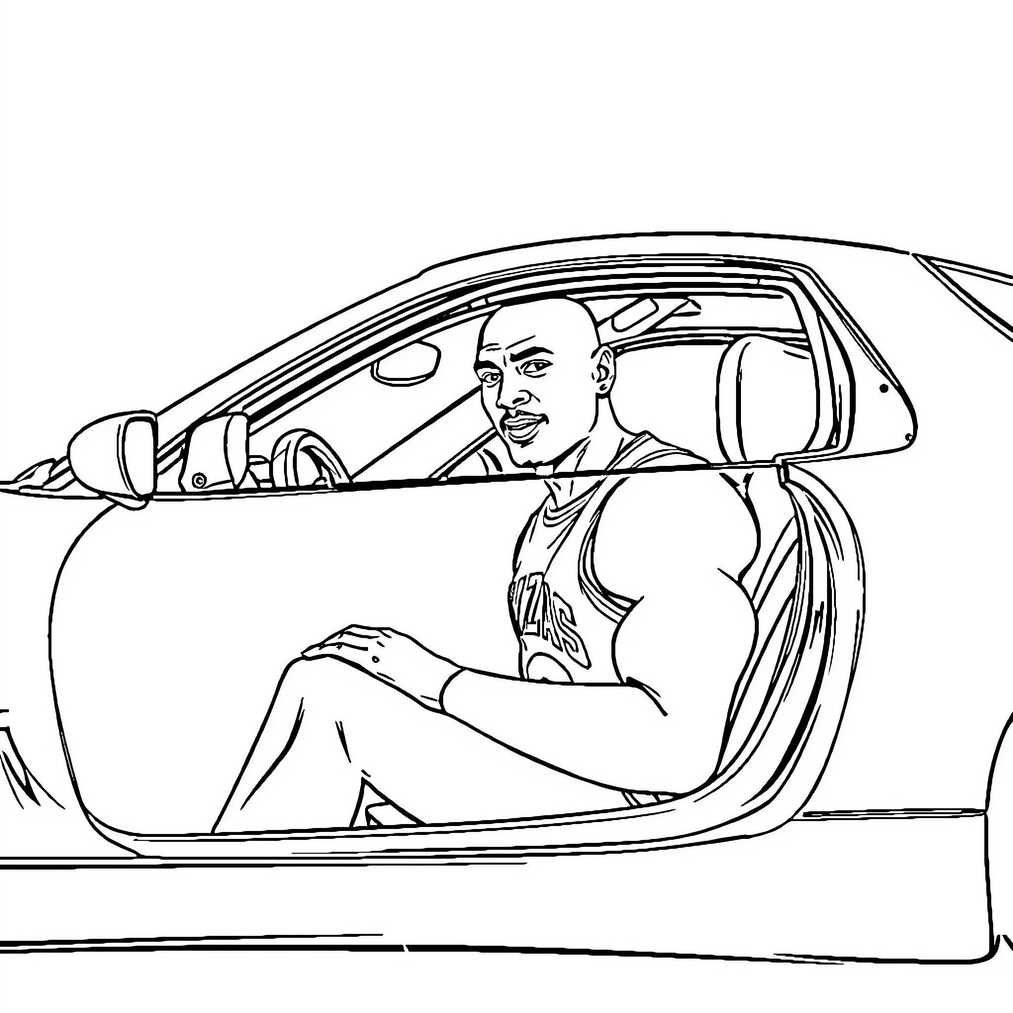 Michael Jordan driving a sports car Coloring Page (free black-and-white line drawing printable PDF for all, from beginners to advanced learners, including children, teens, adults, and seniors)