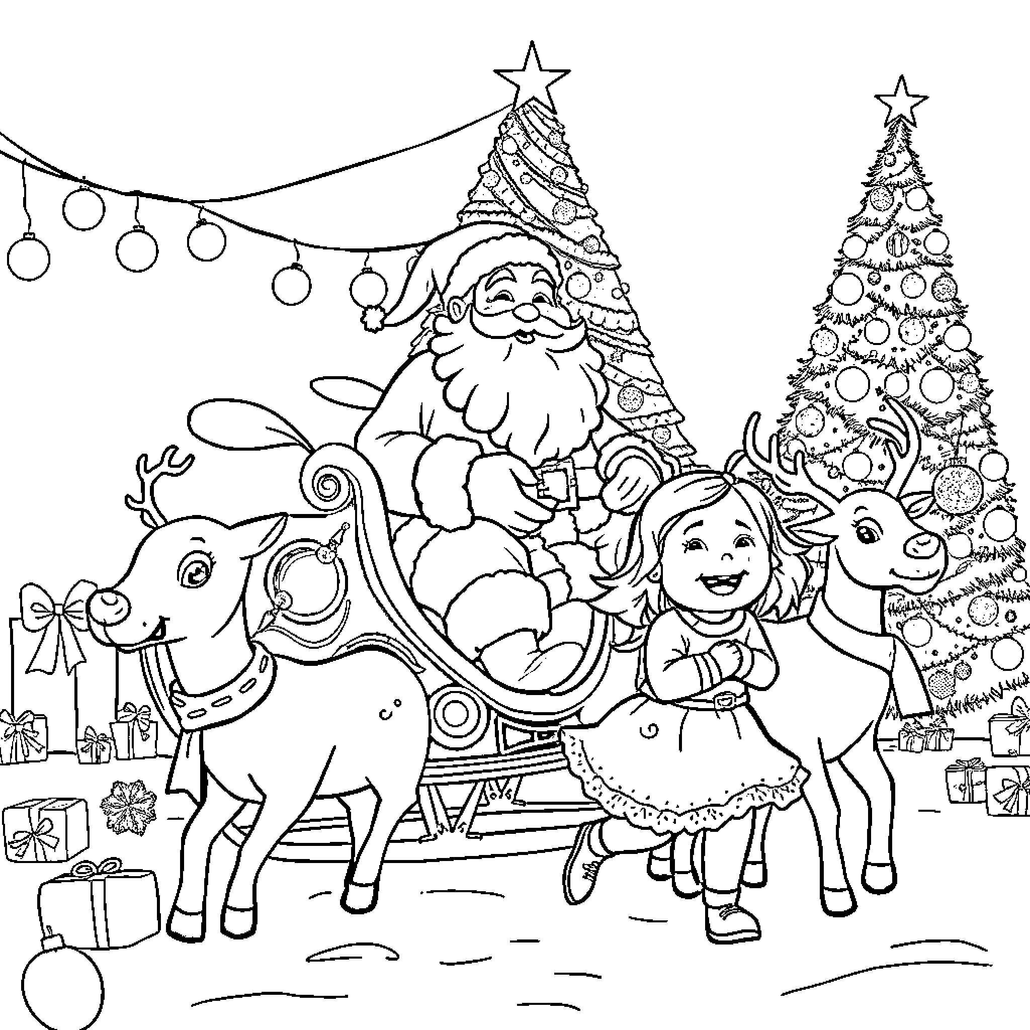 Santa Claus surrounded by cheerful characters and Christmas trees Coloring Page (free black-and-white line drawing printable PDF for all, from beginners to advanced learners, including children, teens, adults, and seniors)