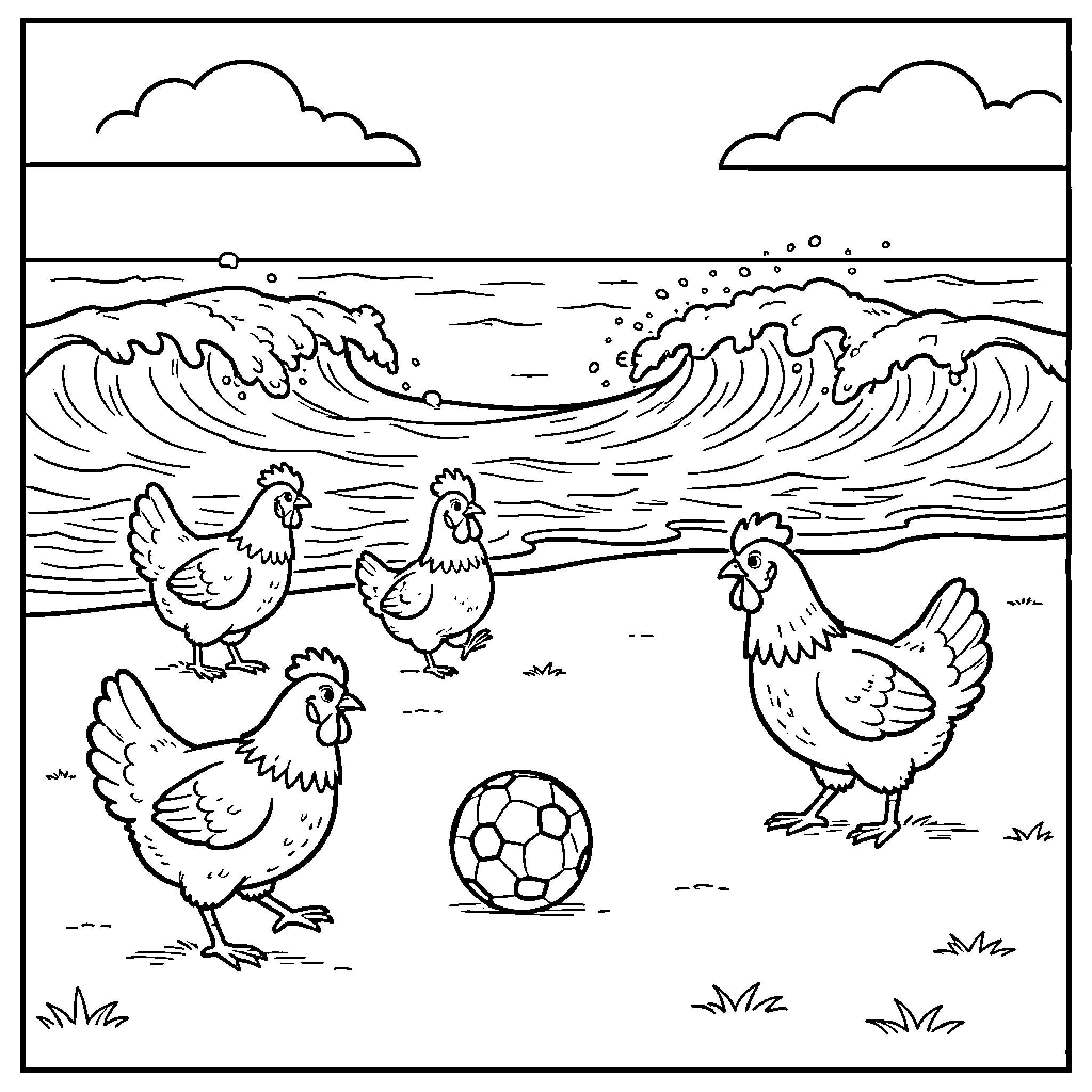 Chicken playing on the beach with waves Coloring Page (free black-and-white line drawing printable PDF for all, from beginners to advanced learners, including children, teens, adults, and seniors)
