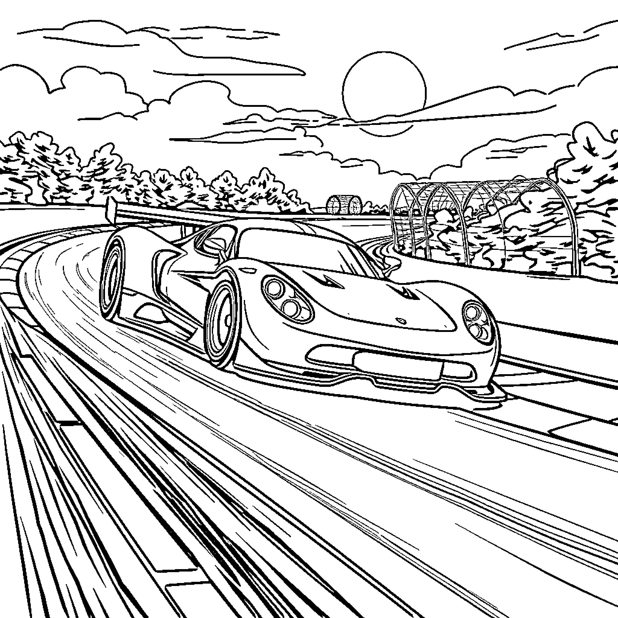 Car speeding through scenic countryside landscape Coloring Page (free black-and-white line drawing printable PDF for all, from beginners to advanced learners, including children, teens, adults, and seniors)