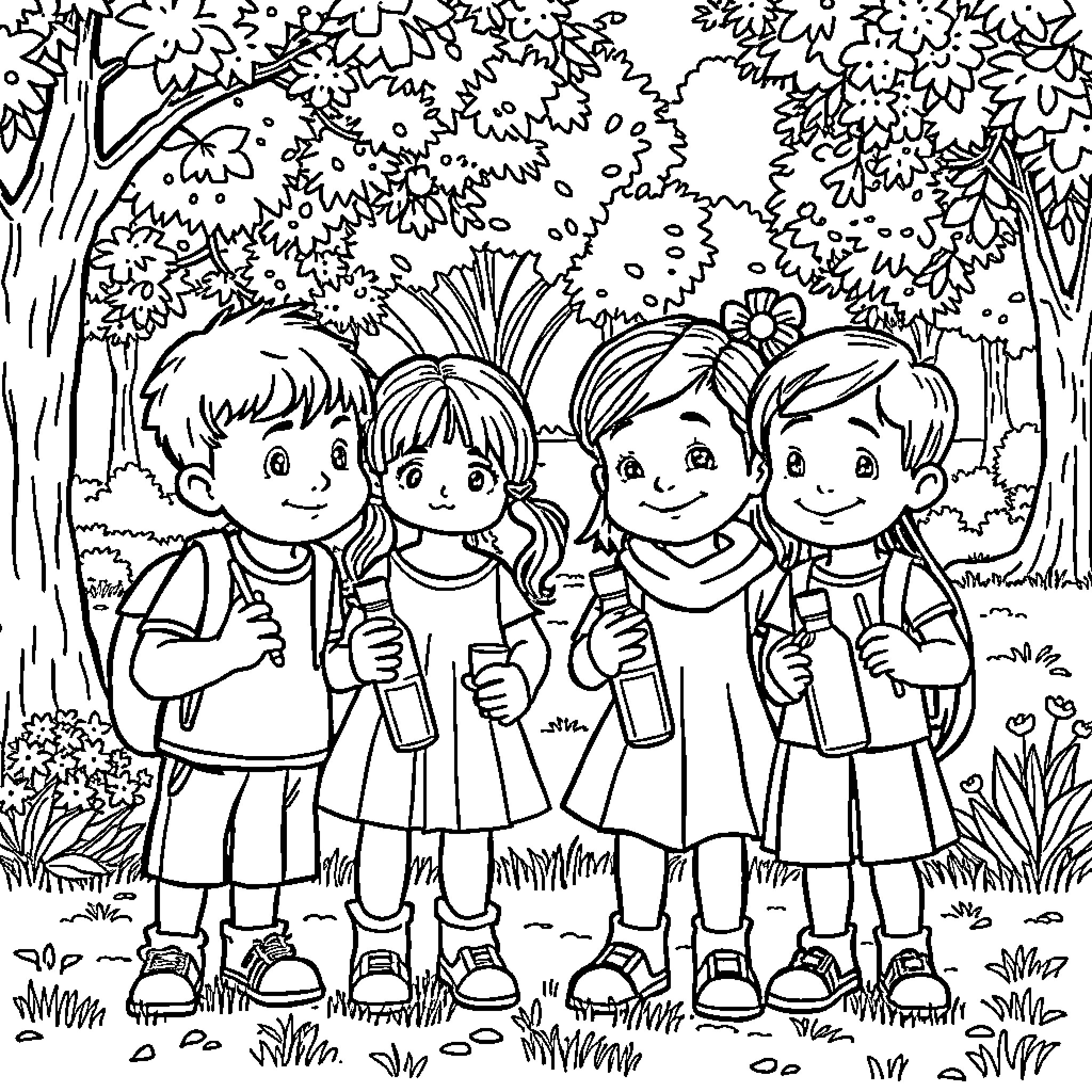 Children exploring the enchanting forest Coloring Page (free black-and-white line drawing printable PDF for all, from beginners to advanced learners, including children, teens, adults, and seniors)