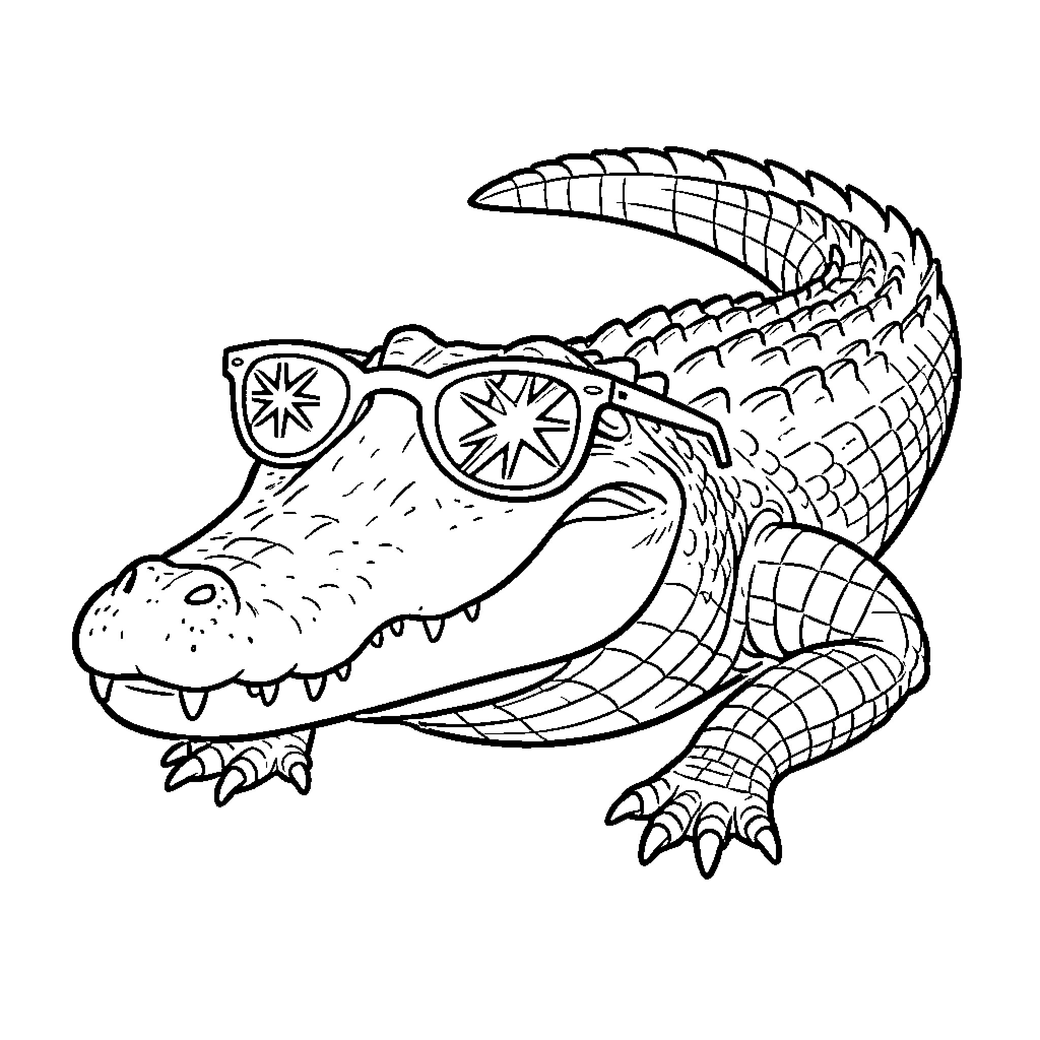 Crocodile wearing stylish glasses Coloring Page (free black-and-white line drawing printable PDF for all, from beginners to advanced learners, including children, teens, adults, and seniors)