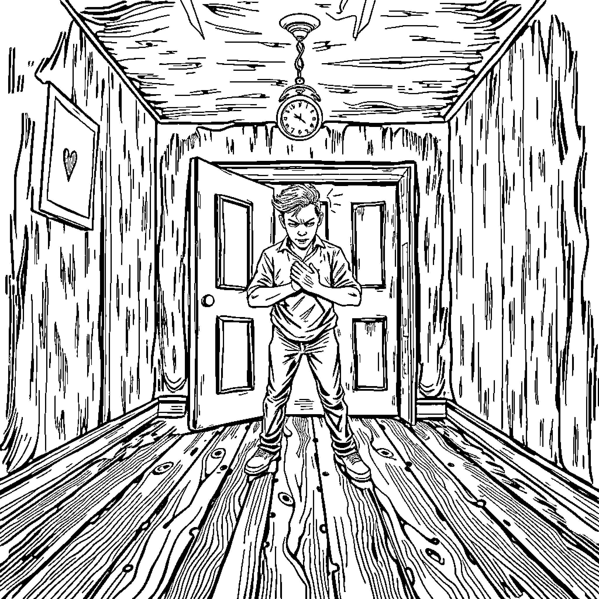 Heart's Lonely Hallway Coloring Page (free black-and-white line drawing printable PDF for all, from beginners to advanced learners, including children, teens, adults, and seniors)
