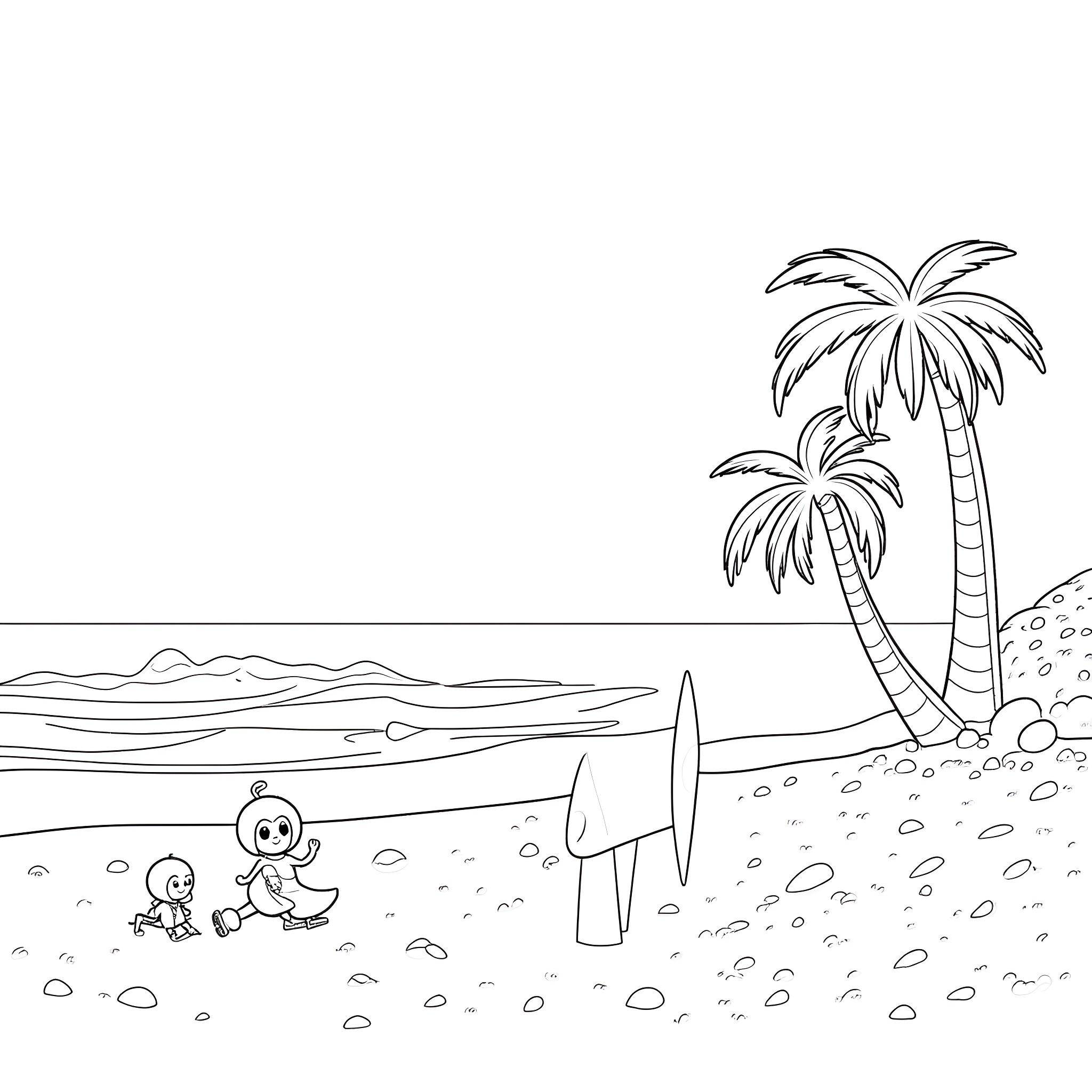 LankyBox Characters Playing on the Beach Coloring Page (free black-and-white line drawing printable PDF for all, from beginners to advanced learners, including children, teens, adults, and seniors)