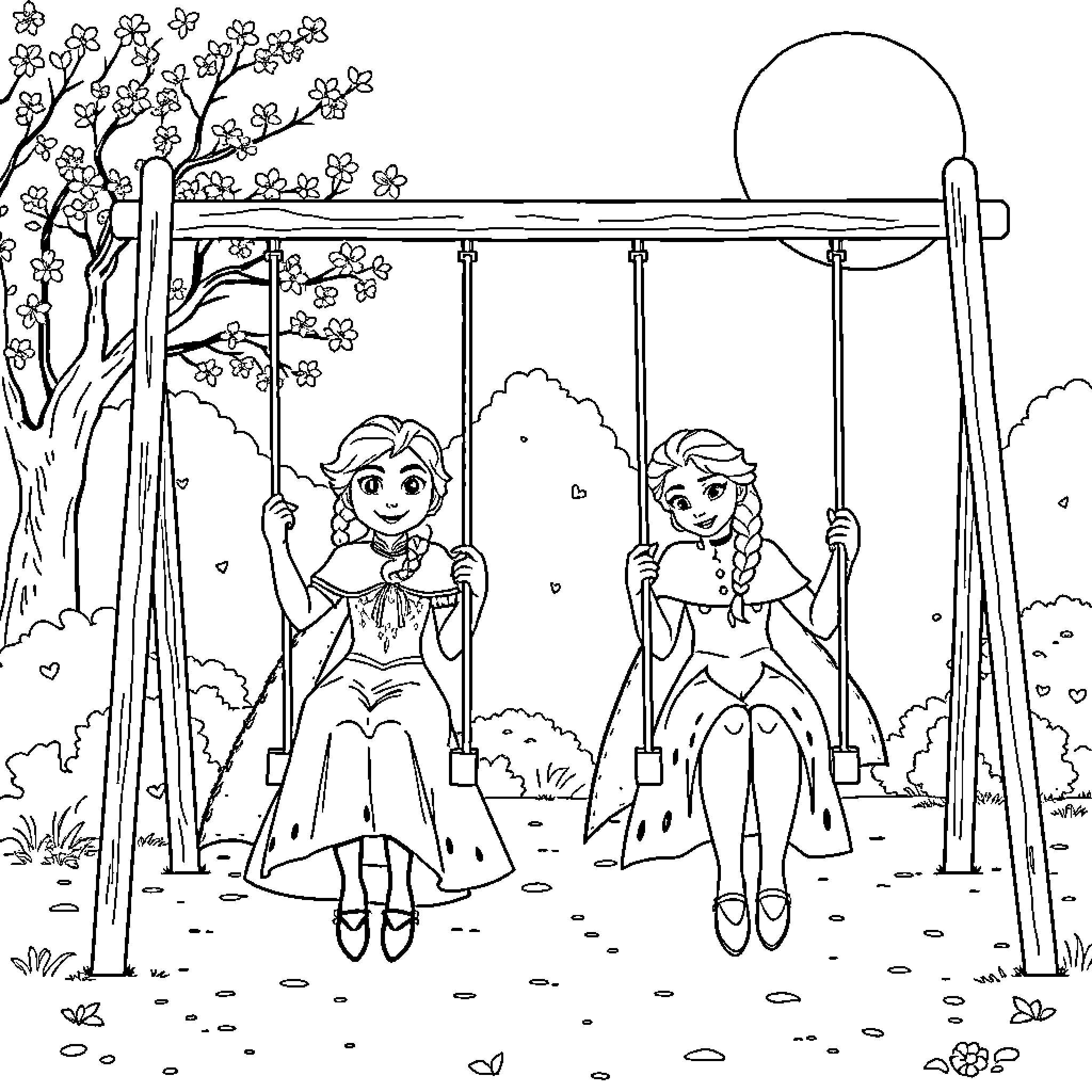 Elsa and Anna playing on a swing in a nature setting Coloring Page (free black-and-white line drawing printable PDF for all, from beginners to advanced learners, including children, teens, adults, and seniors)