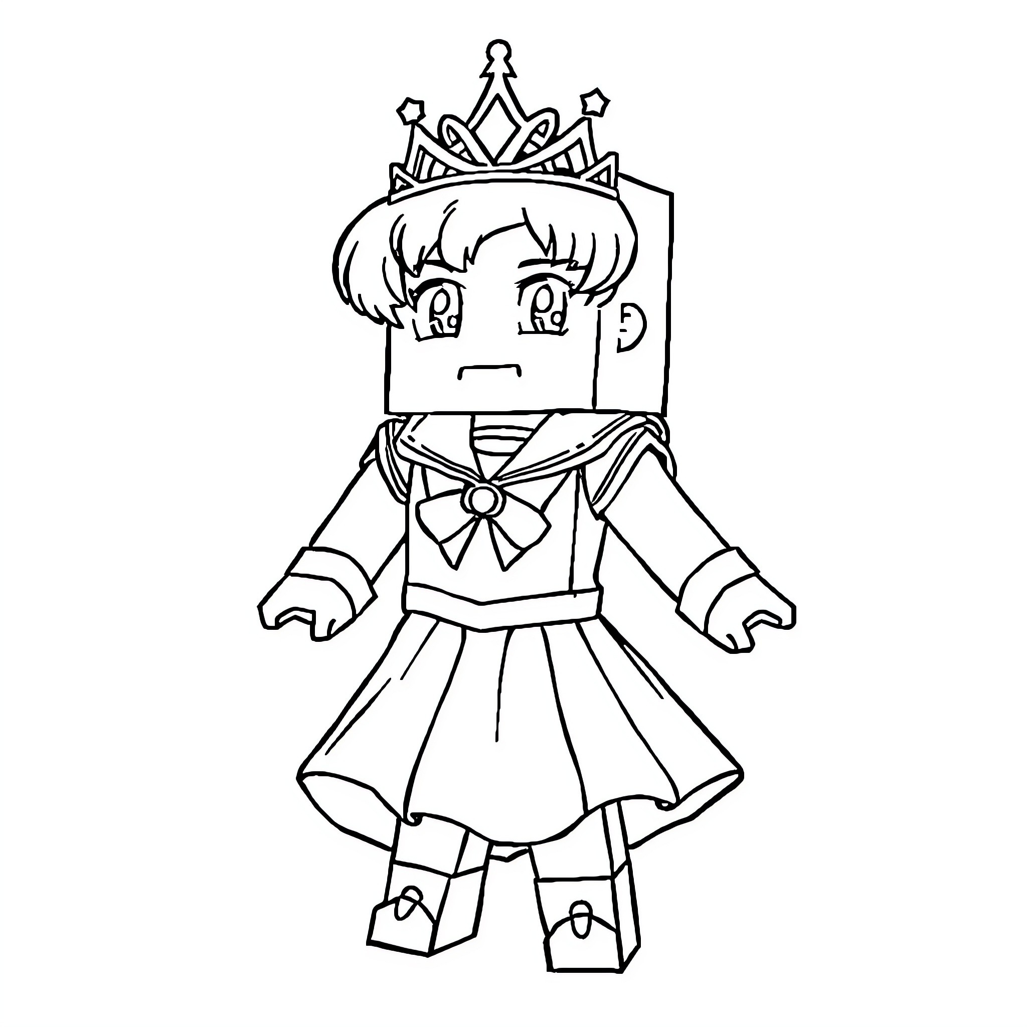 Minecraft Princess in Royal Attire Coloring Page (free black-and-white line drawing printable PDF for all, from beginners to advanced learners, including children, teens, adults, and seniors)