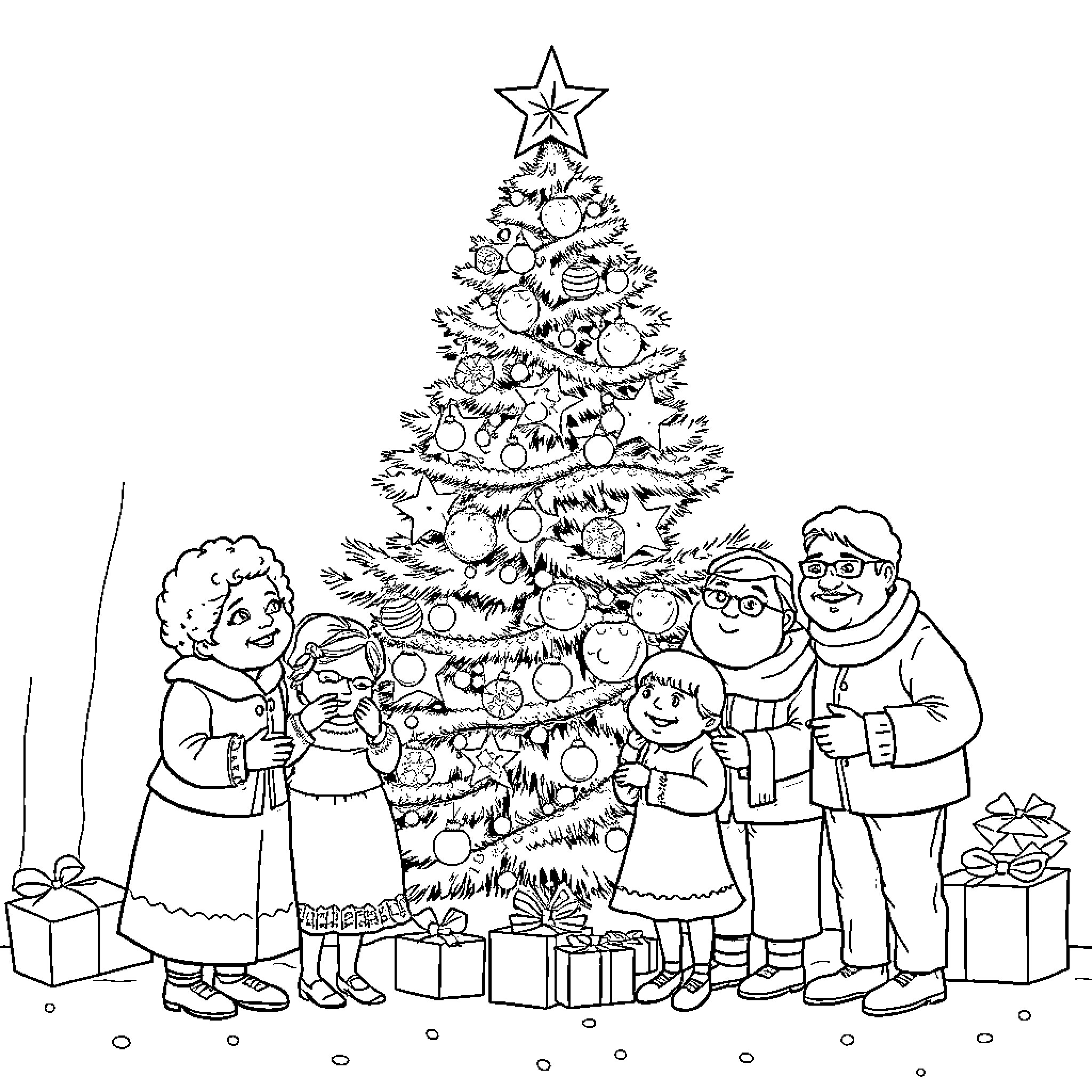 Family Celebrating Christmas Together Around Tree Coloring Page (free black-and-white line drawing printable PDF for all, from beginners to advanced learners, including children, teens, adults, and seniors)