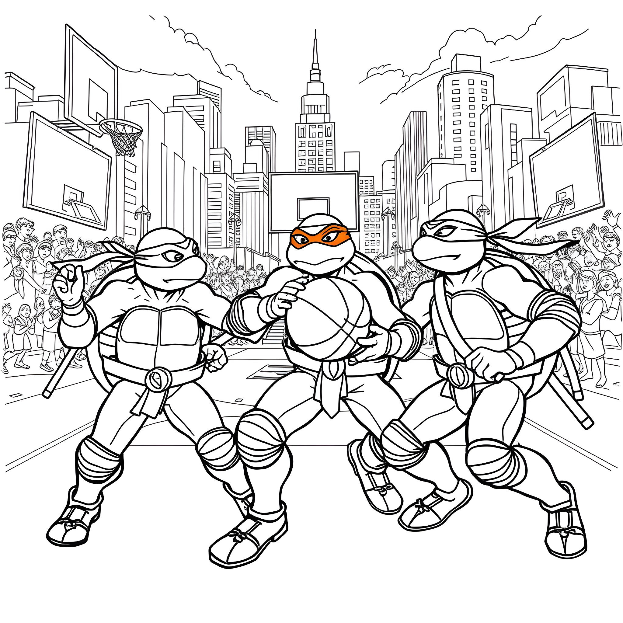 Ninja Turtles in action-packed urban scene Coloring Page (free black-and-white line drawing printable PDF for all, from beginners to advanced learners, including children, teens, adults, and seniors)