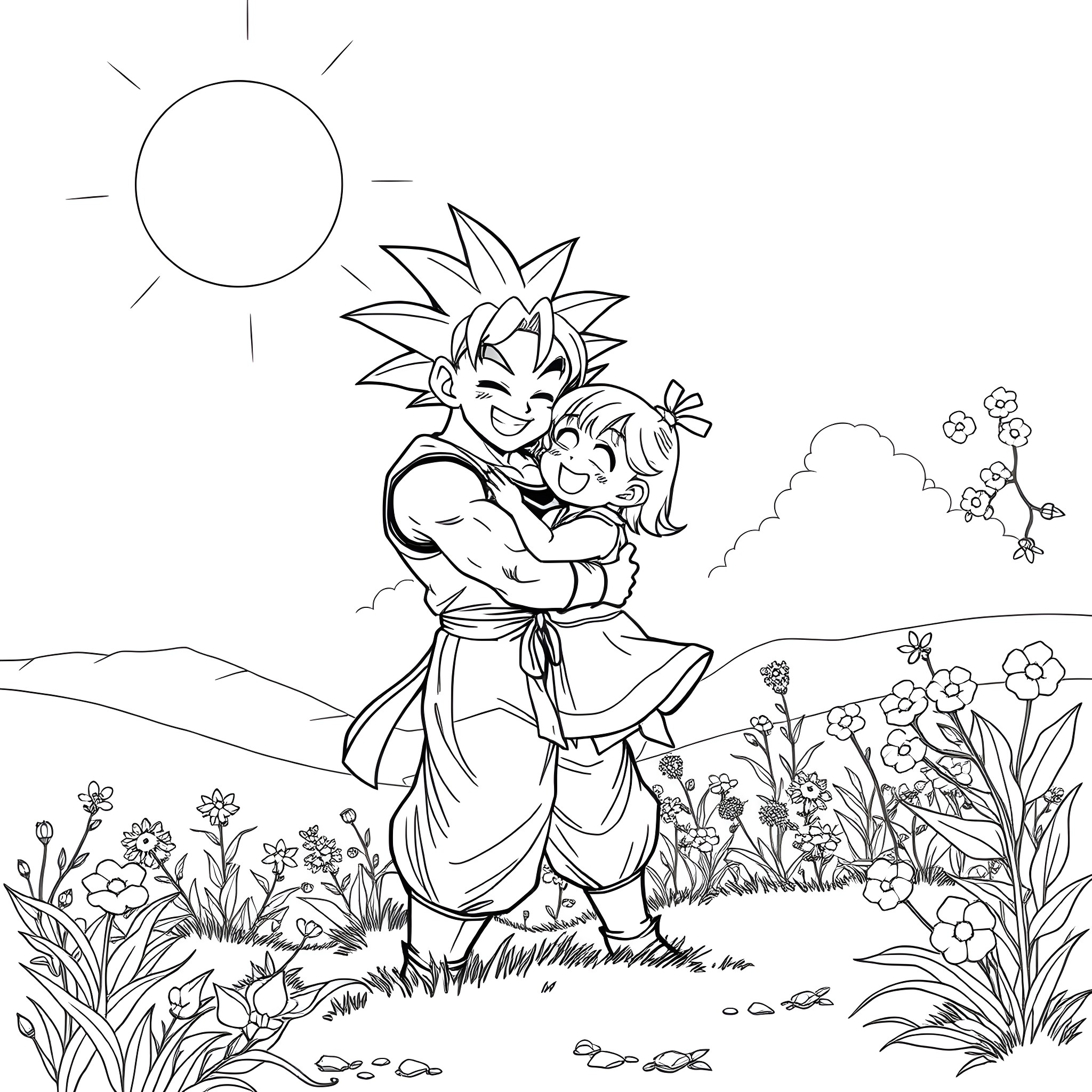 Goku embracing a child in a serene outdoor setting Coloring Page (free black-and-white line drawing printable PDF for all, from beginners to advanced learners, including children, teens, adults, and seniors)