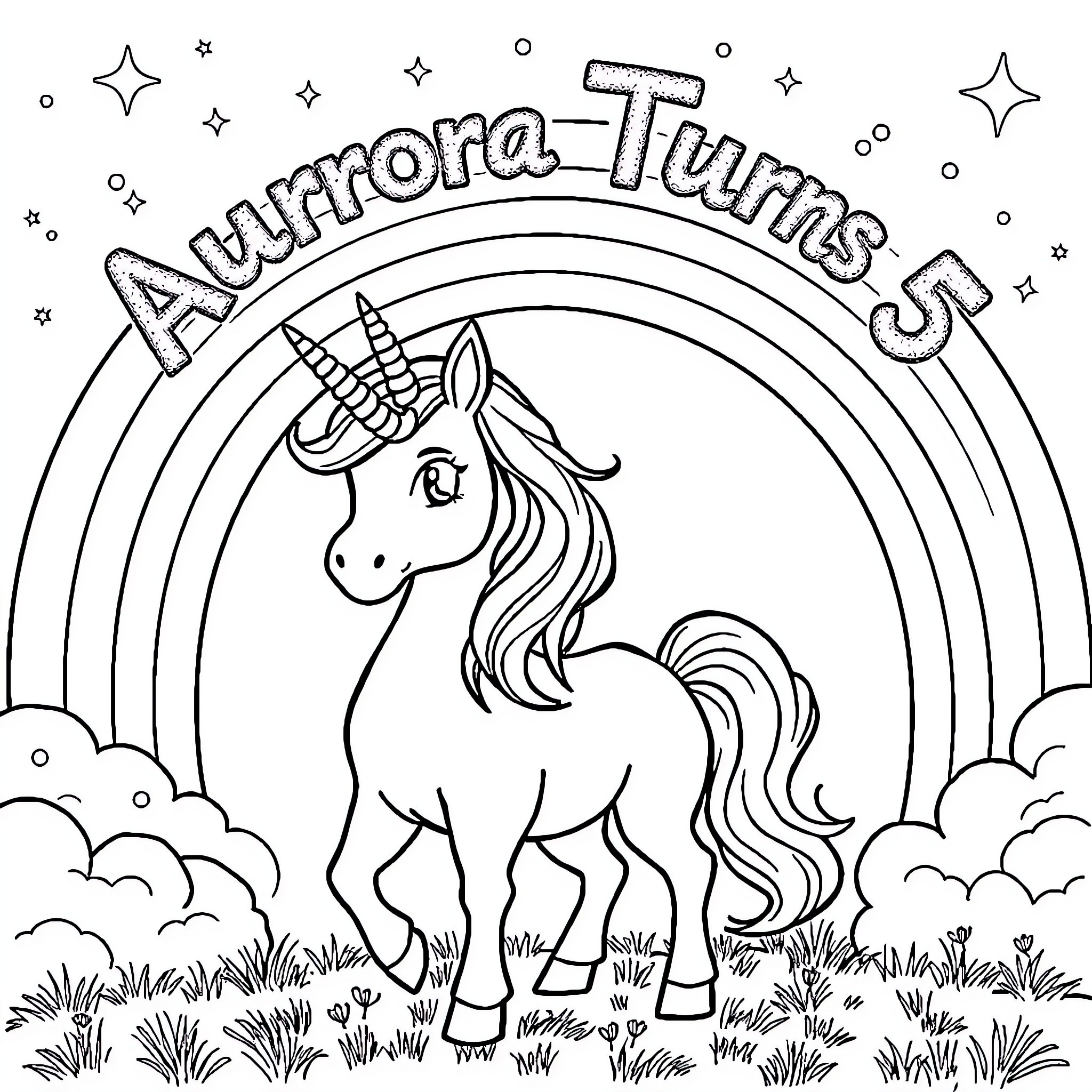 Unicorn Turns 5 in Magical Garden Coloring Page (free black-and-white line drawing printable PDF for all, from beginners to advanced learners, including children, teens, adults, and seniors)