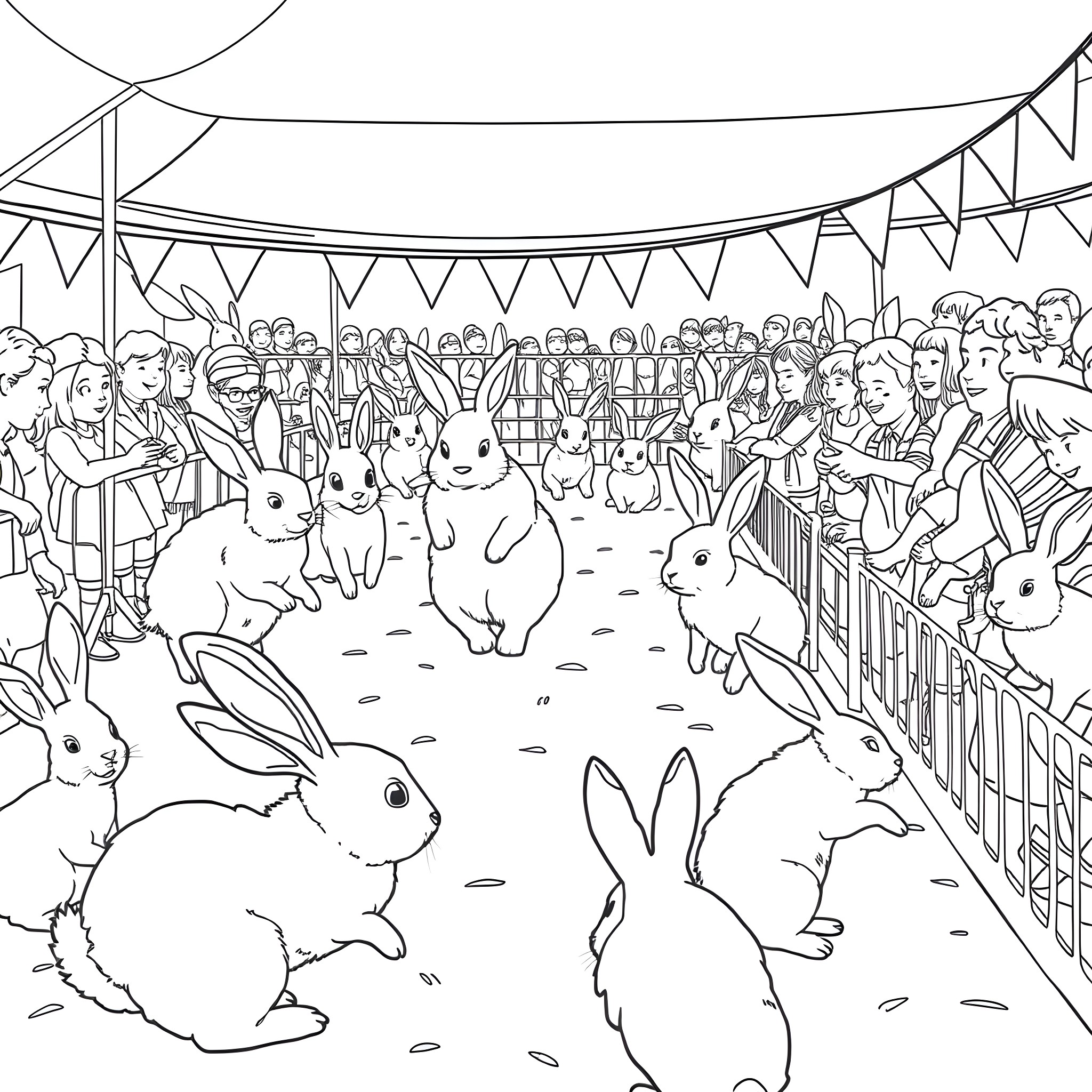 Rabbit Hopping Around at the Carnival Event Coloring Page (free black-and-white line drawing printable PDF for all, from beginners to advanced learners, including children, teens, adults, and seniors)