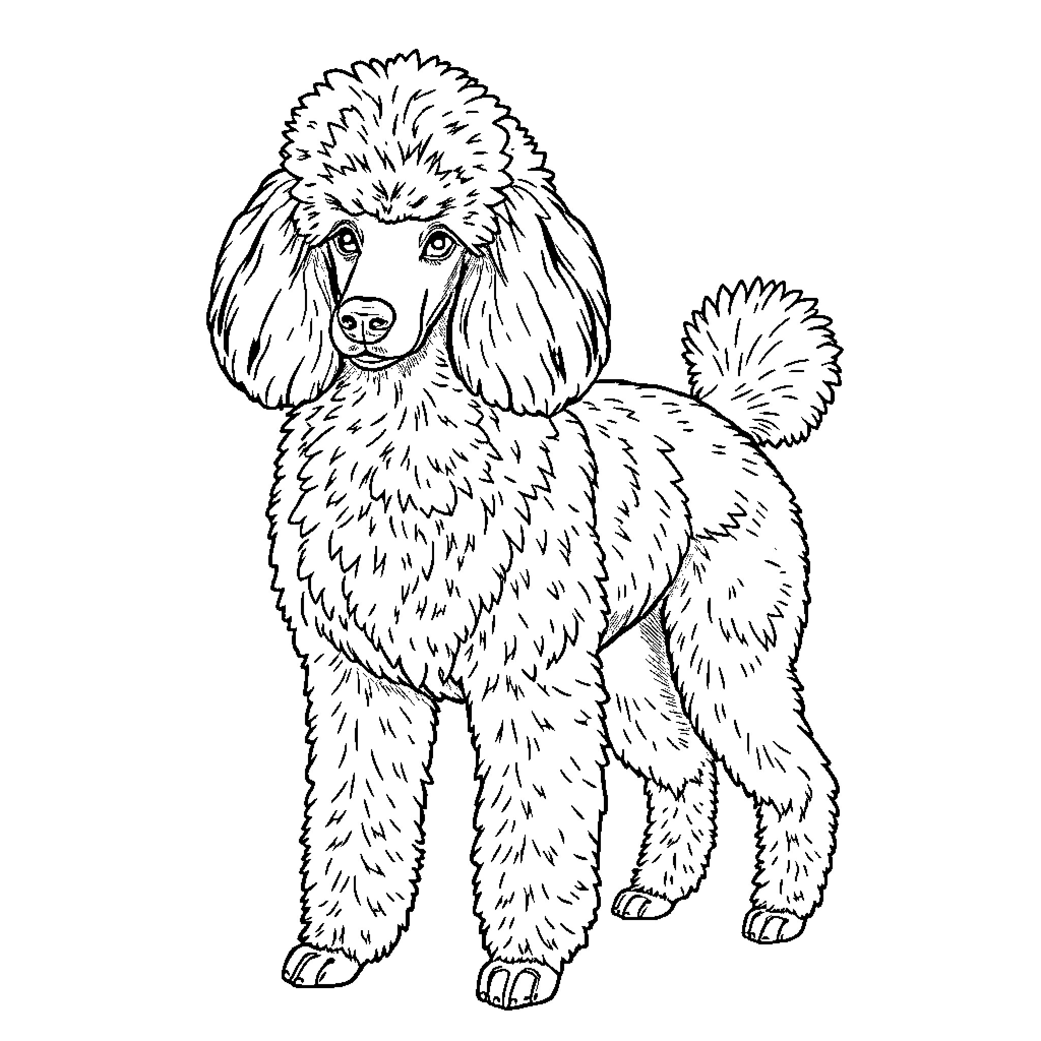 Poodle standing proudly in the spotlight Coloring Page (free black-and-white line drawing printable PDF for all, from beginners to advanced learners, including children, teens, adults, and seniors)
